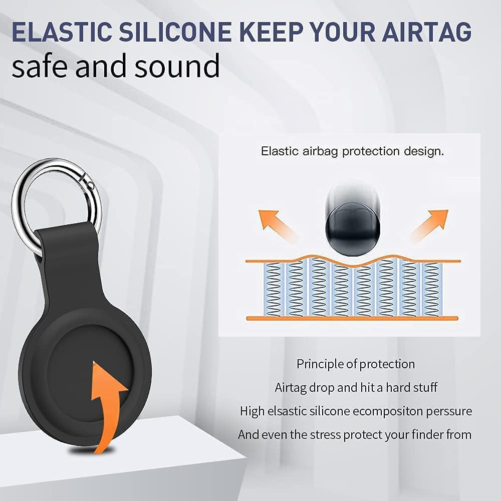Schwarzer AirTag-Halter mit Schlüsselring, der Text lautet: 'Elastisches Silikon schützt Ihr AirTag sicher und zuverlässig'.