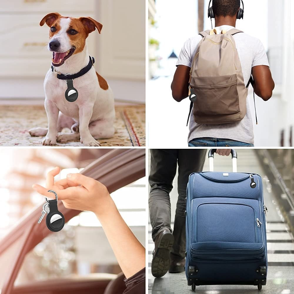 Vier Bilder von Ortungsgeräten. Ein Hund, ein Mann mit Rucksack, Schlüssel und Koffer.