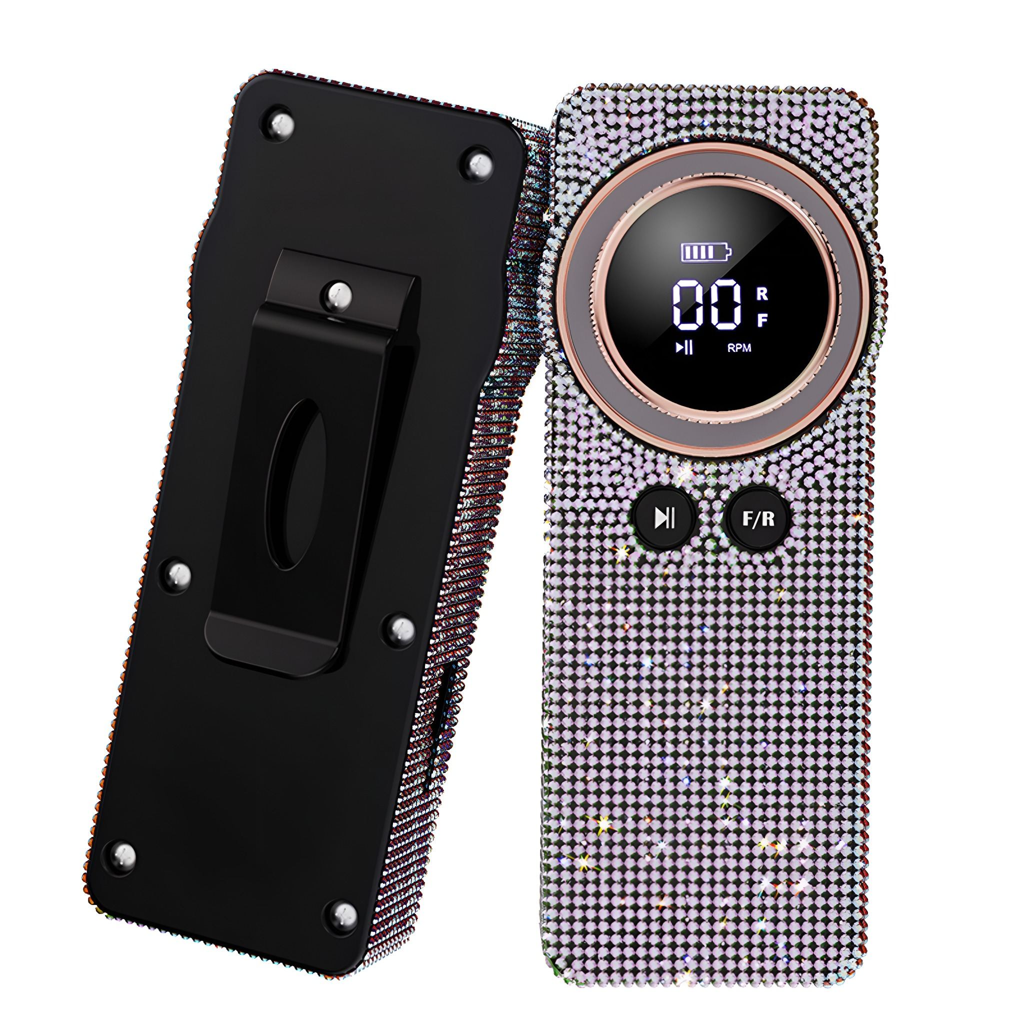 Ein mit Strass besetzter digitaler Musikplayer mit Bildschirm und Knöpfen. Auf der linken Seite ist eine schwarze Hülle.