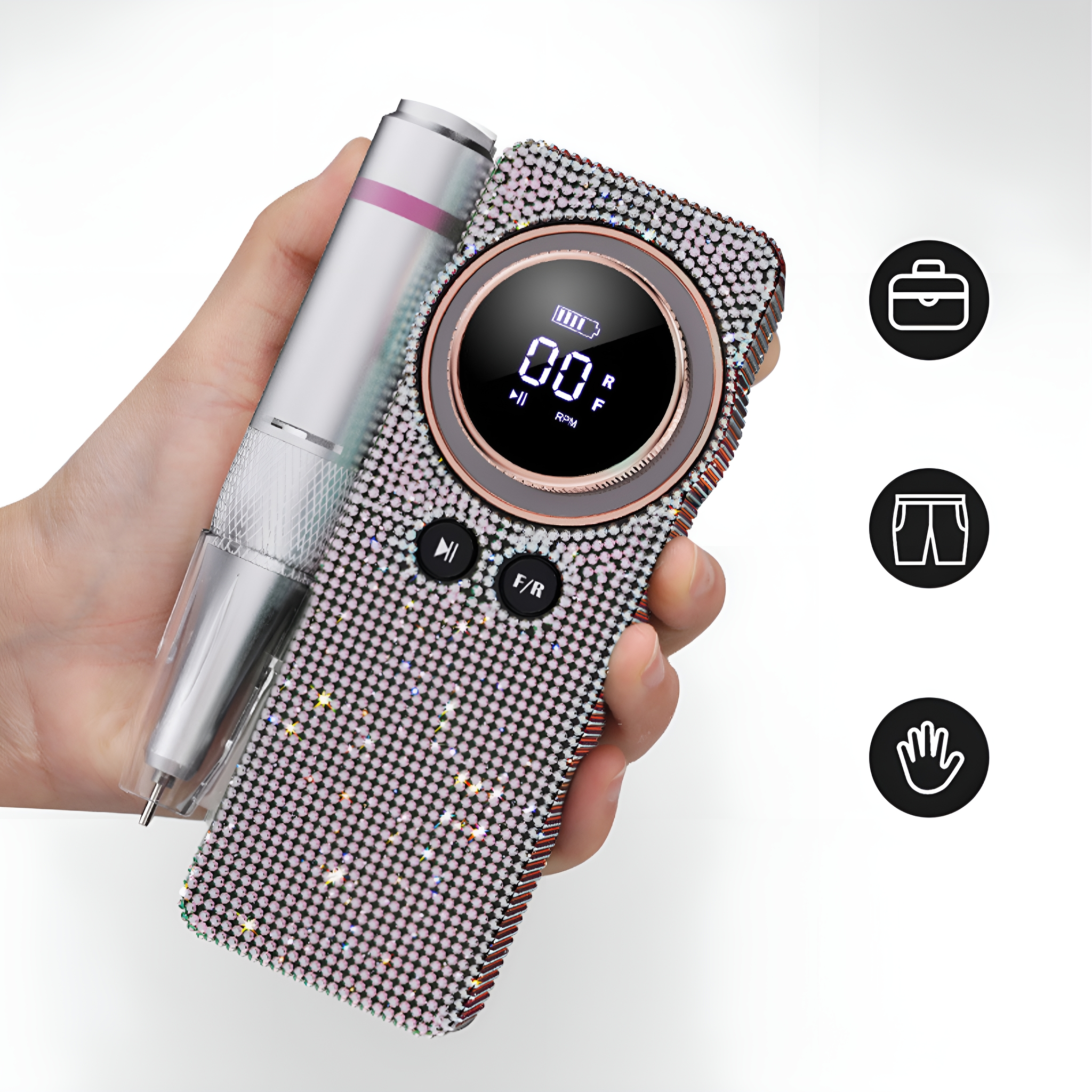 Hand, die eine mit Strass besetzte Nagelfräsmaschine mit Digitalanzeige hält, mit Symbolen.