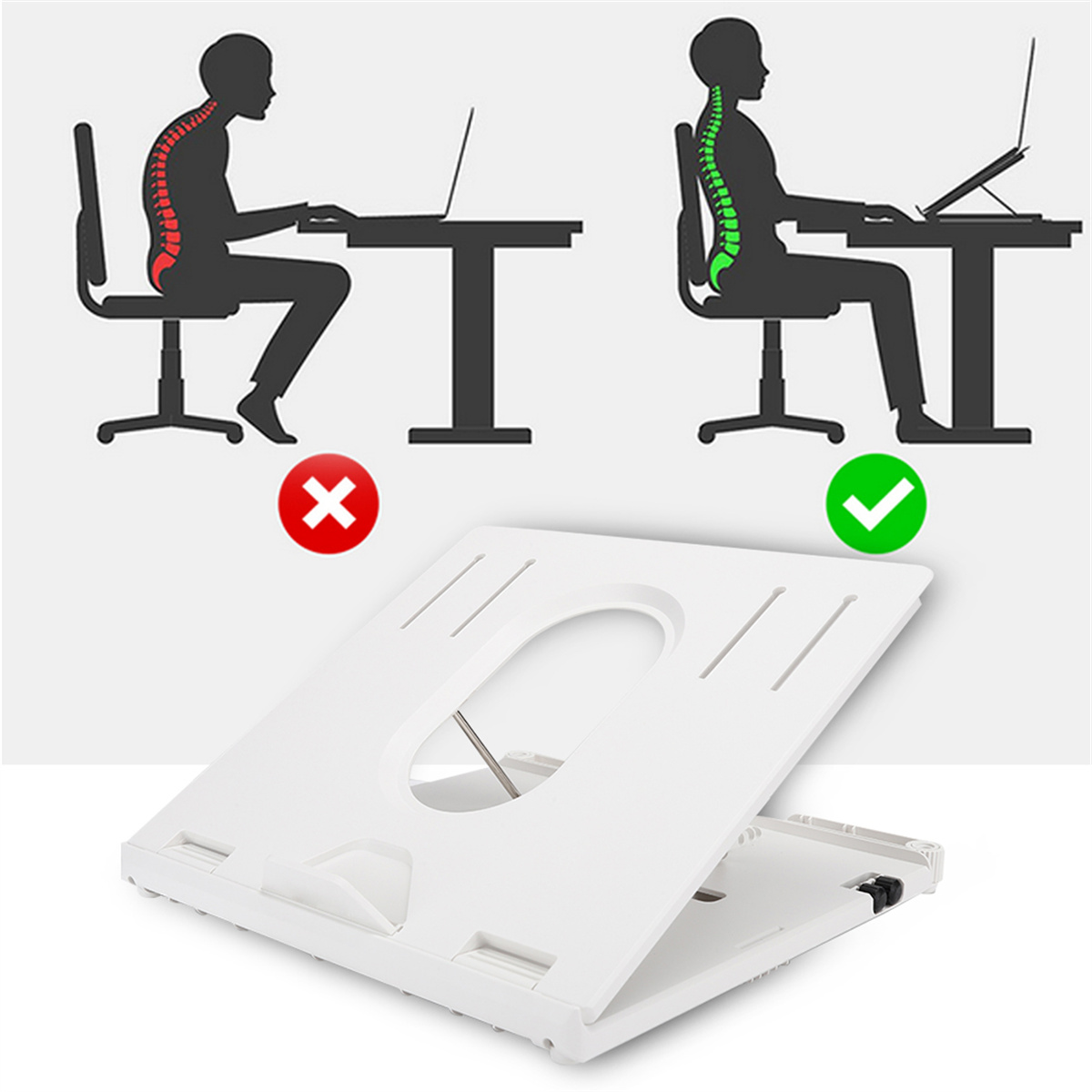 Ein weißer Laptop-Ständer mit Haltungsdiagrammen. Richtige Haltung hat grünes Häkchen, falsche Haltung rotes X.
