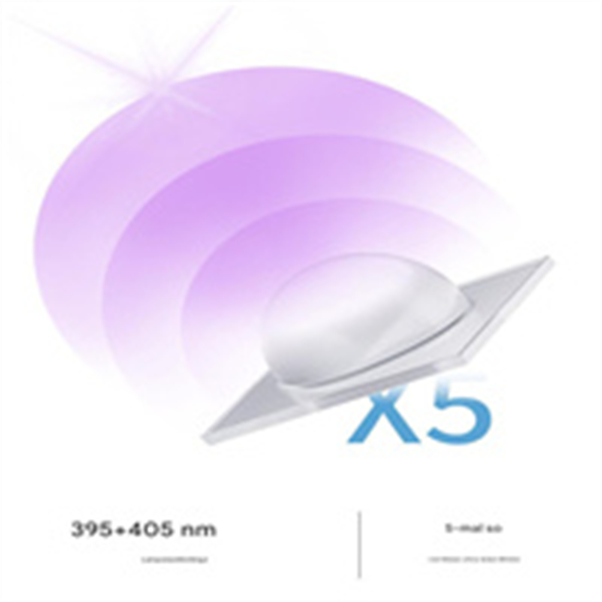 Ein Gerät mit Licht, das Wellen mit dem Text X5 und den Zahlen 395+405 nm aussendet.
