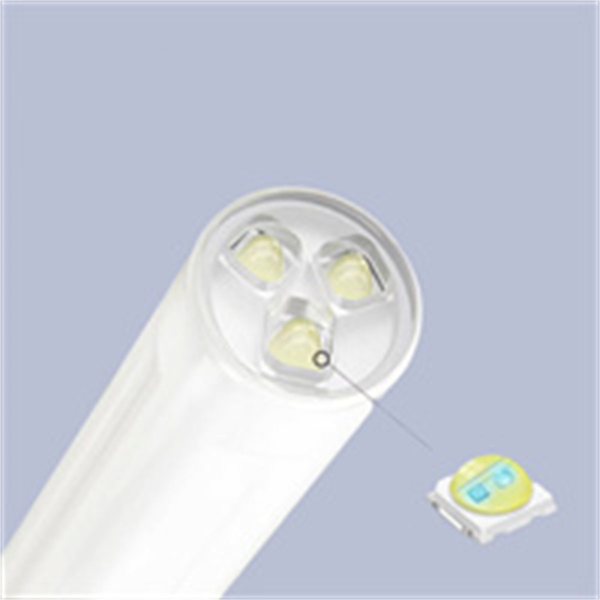 Nahaufnahme von drei LED-Leuchten in einem weißen Gerät. Eine einzelne LED ist hervorgehoben.