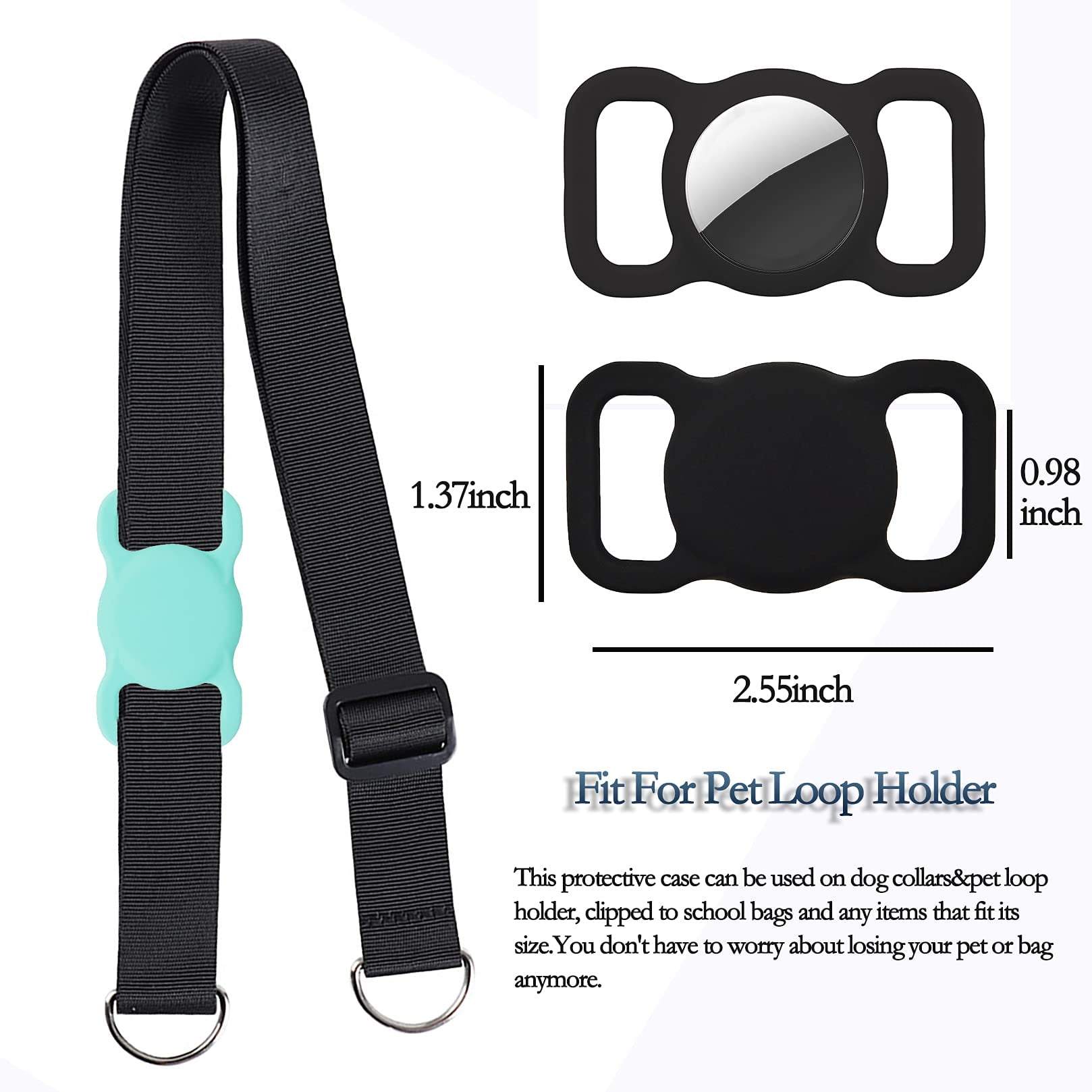 Schwarzer Haustierschlauf-Halter mit Maßangaben. Ein schwarzer Gurt und ein hellblauer Verbinder sind abgebildet.