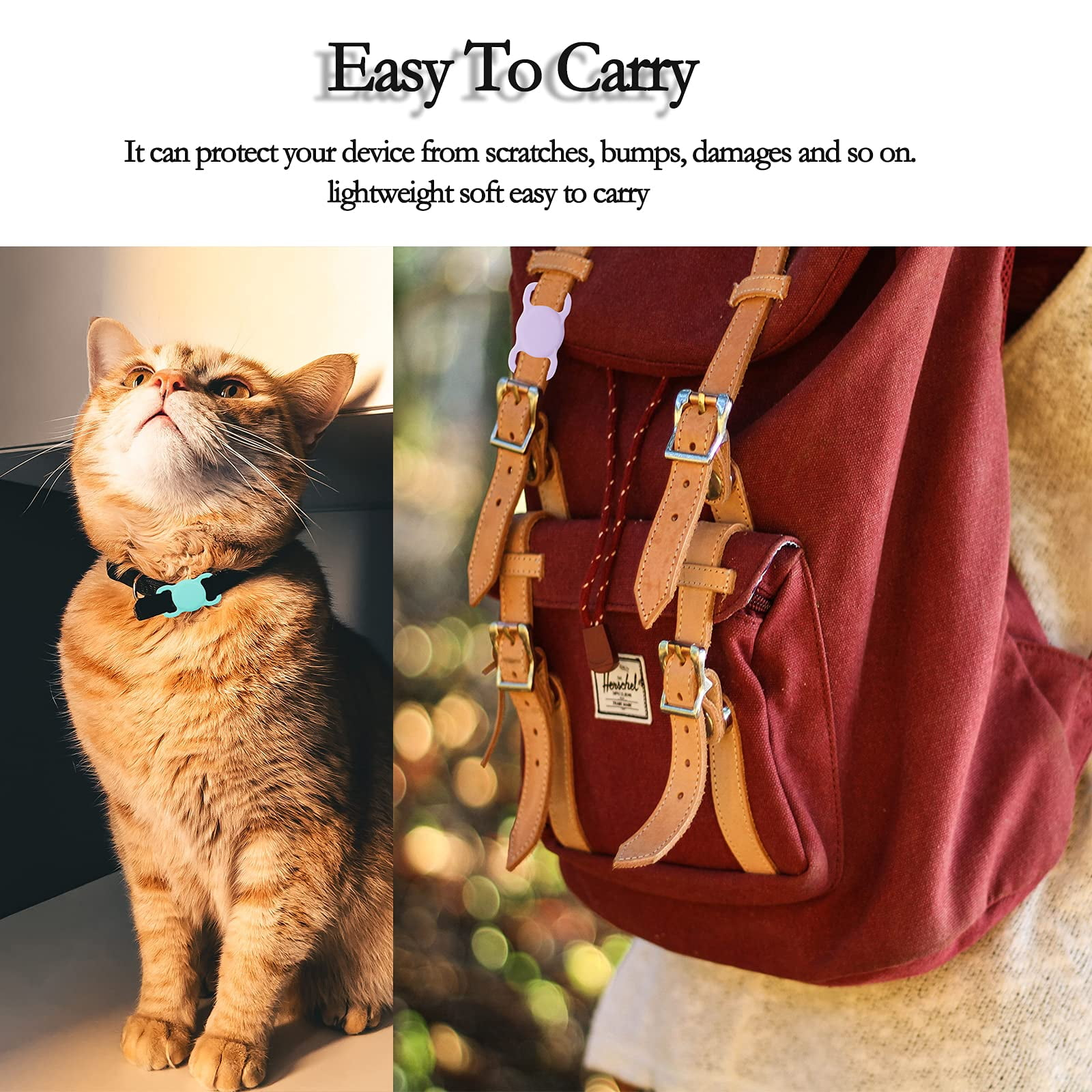 Eine Katze, die nach oben schaut, neben einem weinroten Rucksack. Text sagt: Leicht zu tragen.