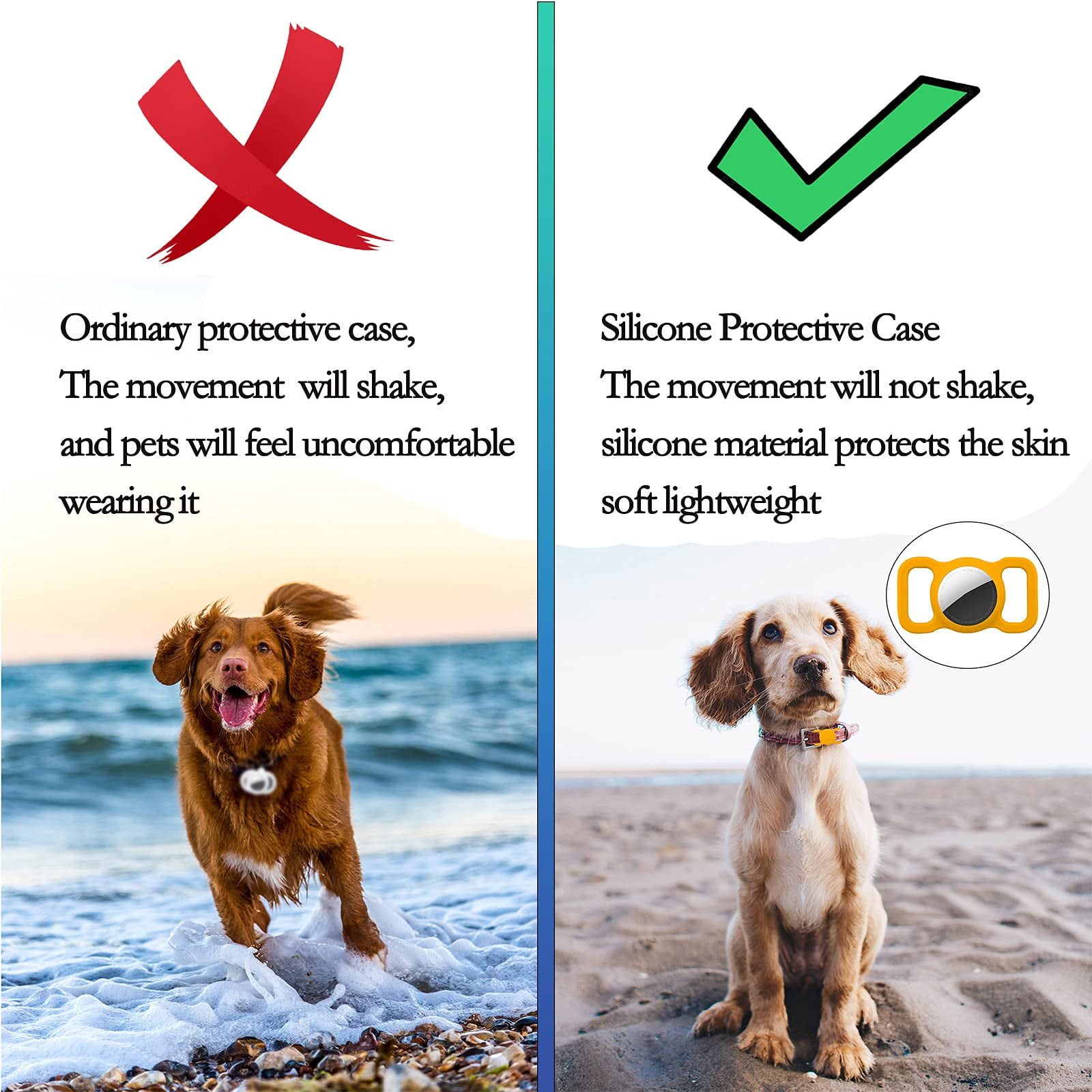 Zwei Bilder vergleichen Hundehalsbänder. Eins zeigt schlechte Passform, das andere Silikon.