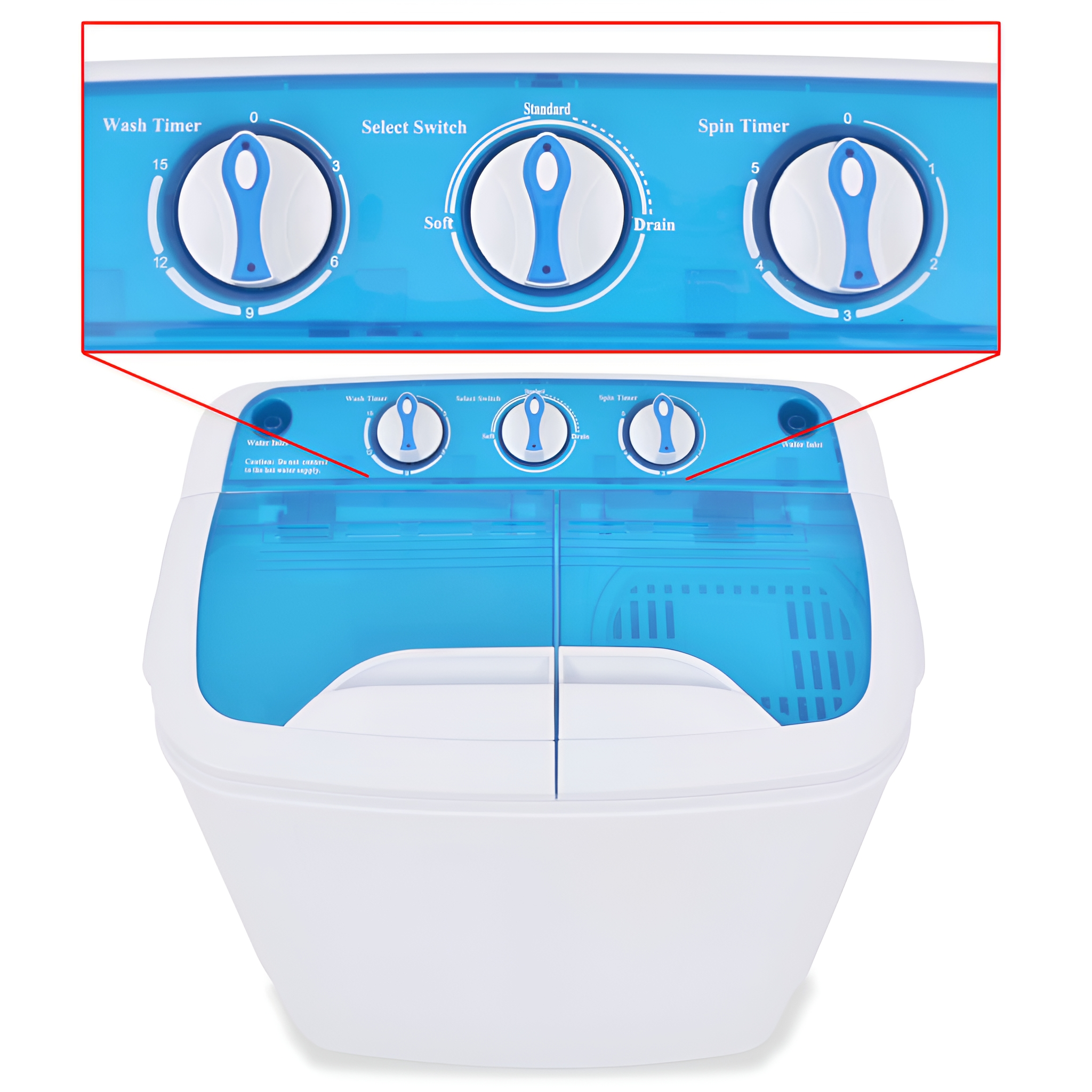 Kleine Waschmaschine mit blau-weißem Design. Verfügt über drei Knöpfe für Timer, Auswahl und Schleudern.