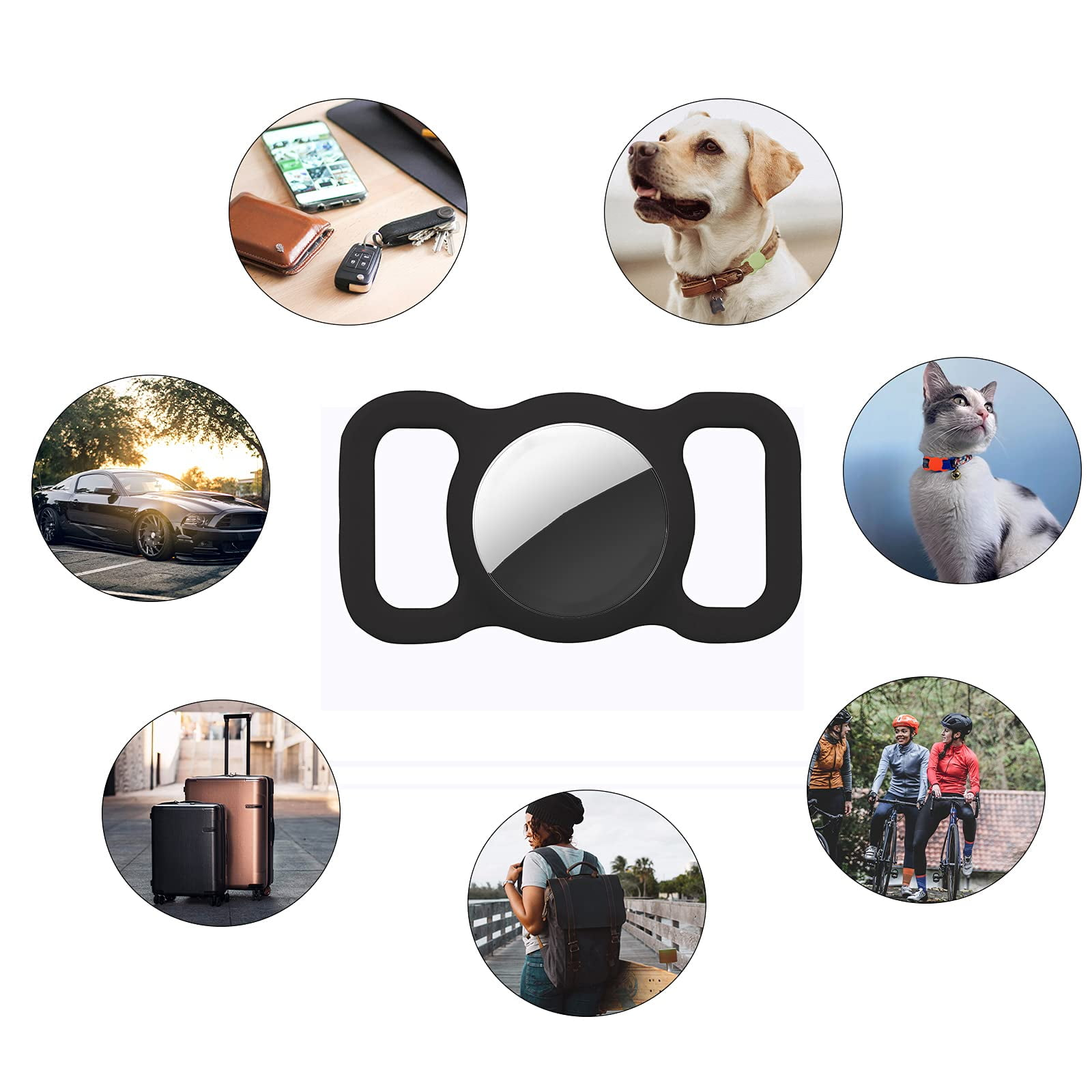 Schwarzer Tracker mit Zubehör, darunter Auto, Hund, Katze, Gepäck, Personen und ein Telefon.