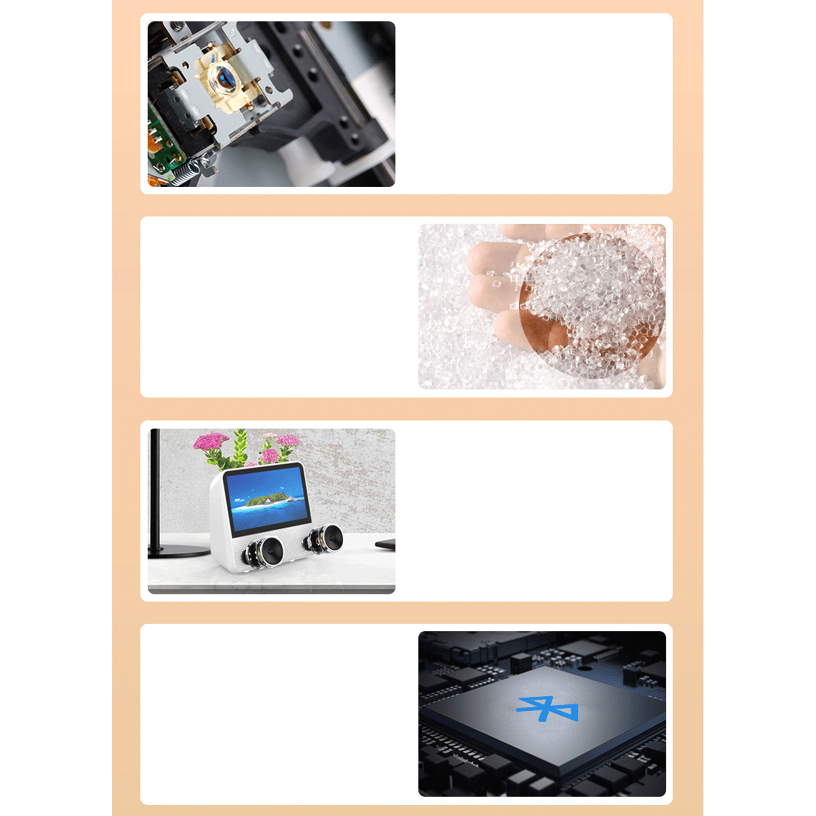 Eine Collage aus vier Bildern, die elektronische Komponenten und ein kleines Lautsprechergerät zeigen.