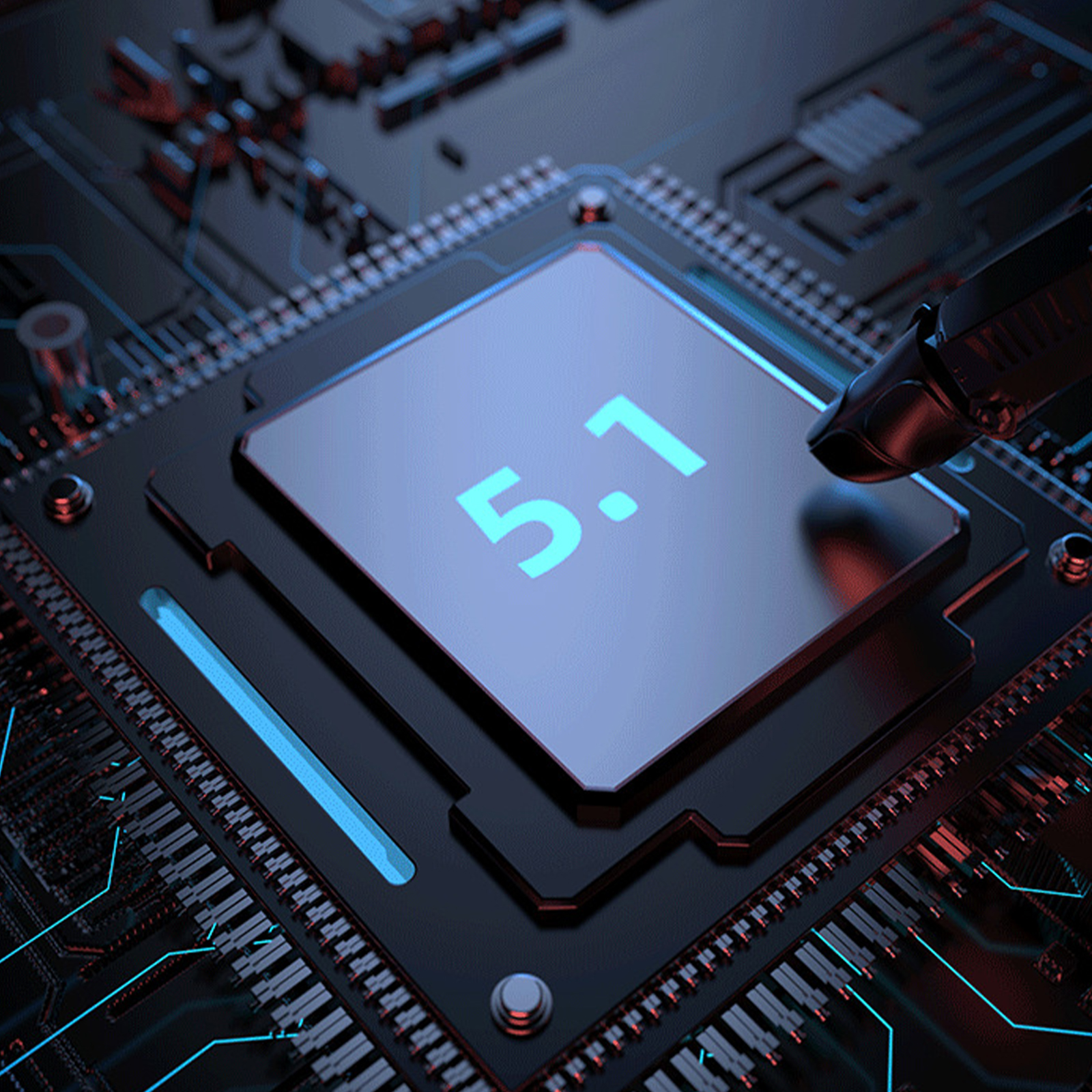 Computerprozessor mit der Zahl 5.1 blau beleuchtet auf dem Chip.