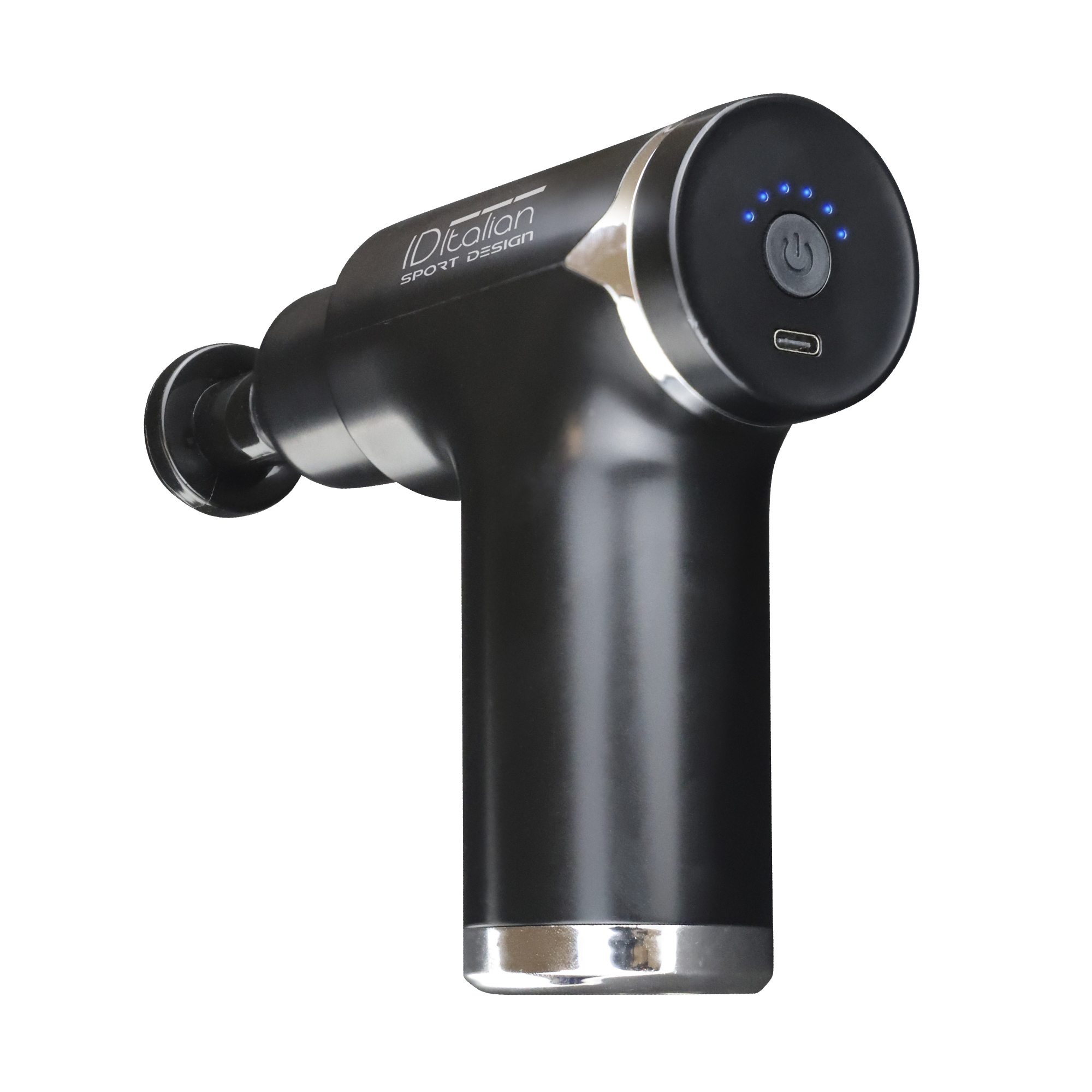 Czarny pistolet do masażu. Konstrukcja w kształcie litery T z okrągłą głowicą. Na białym tle.