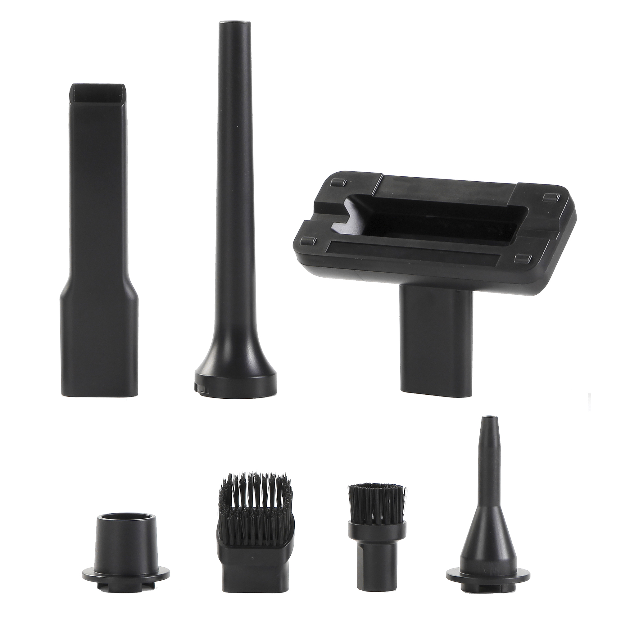 Czarne akcesoria do odkurzacza. Widocznych jest kilka różnych dysz i szczotek.
