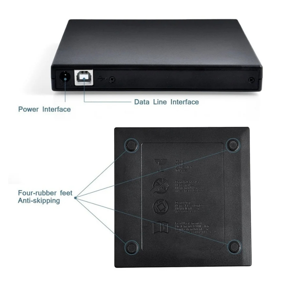 Schwarzes externes DVD-Laufwerk mit Strom- und Datenleitungsanschlüssen und Gummifüßen.