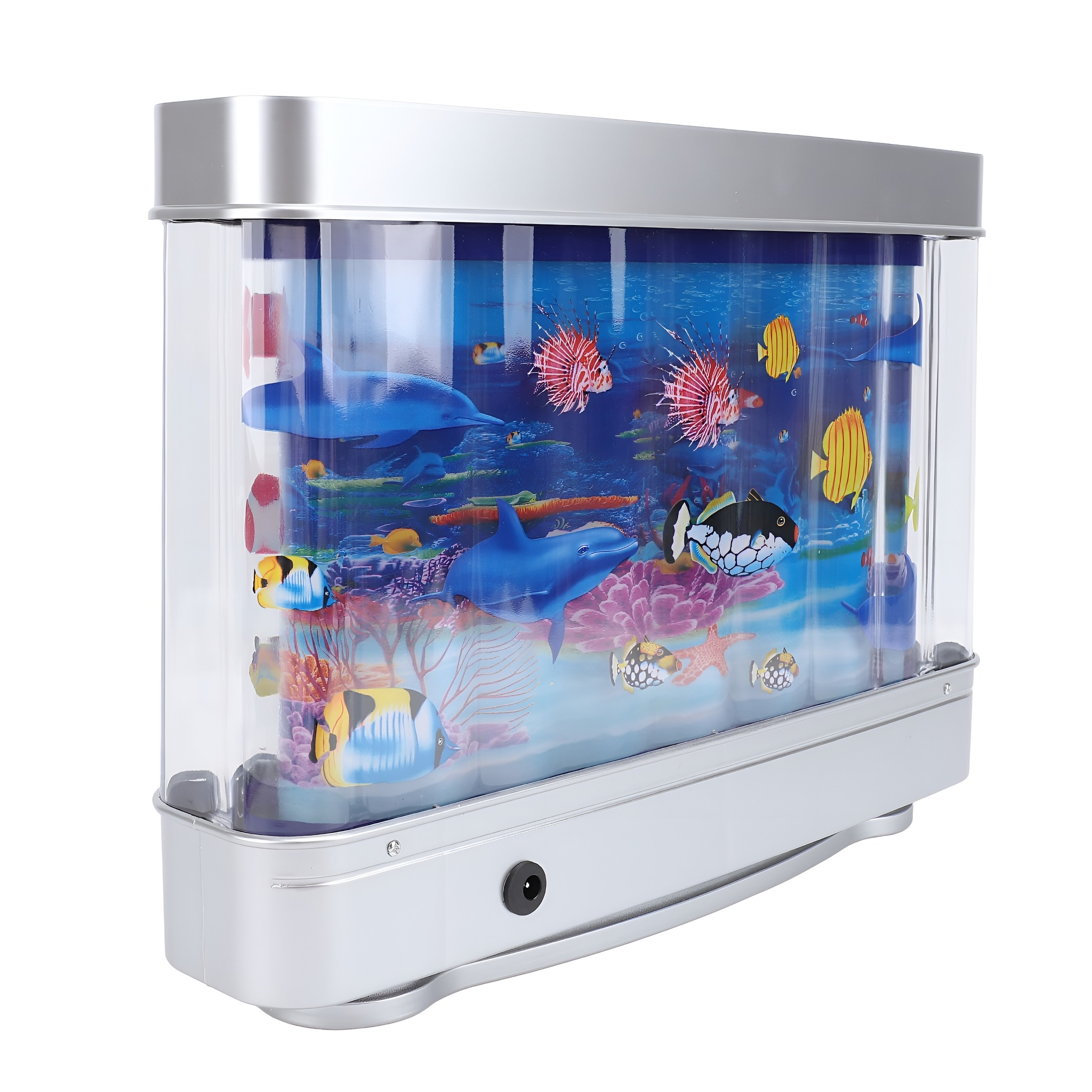 Aquarium mit animierten Fischen und Delfinen, mit silbernem Sockel und klarem Kunststofftank.