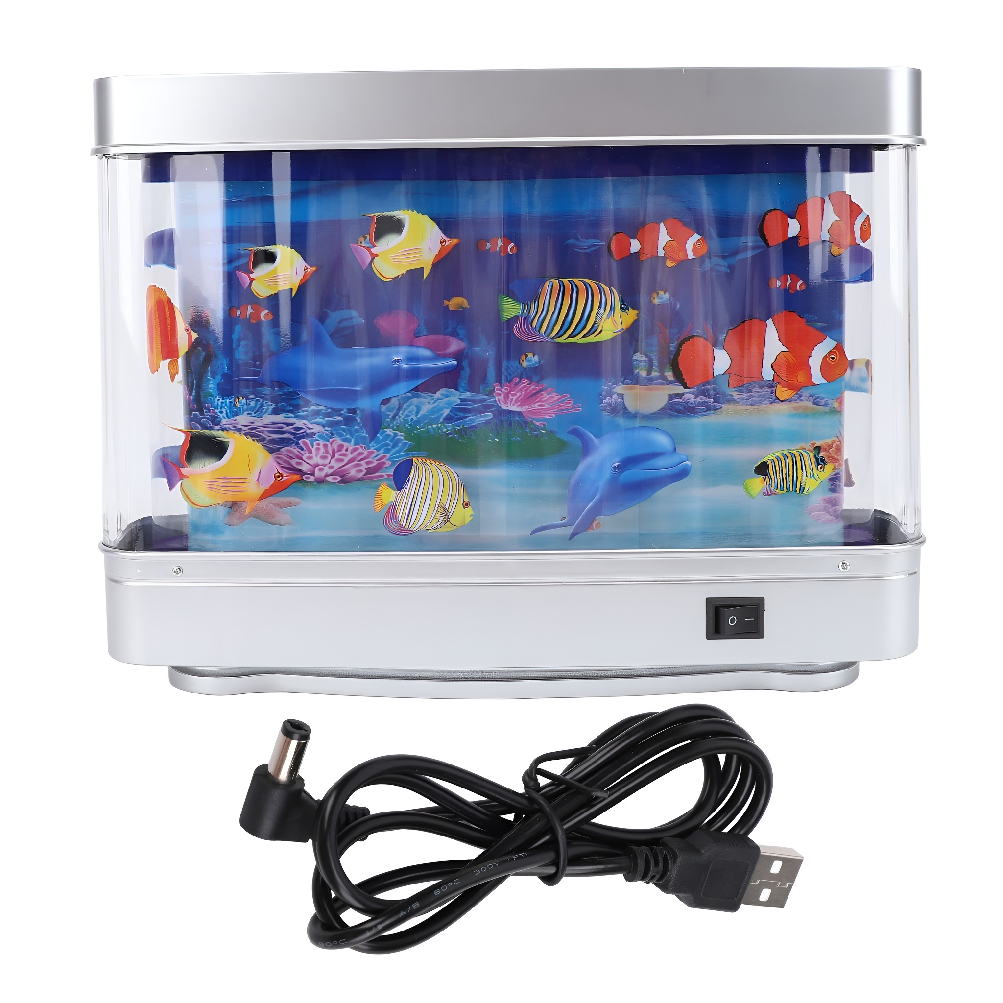 Aquarium mit bunten Fischen und Delfinen. Es gibt ein schwarzes Netzkabel und einen Schalter.
