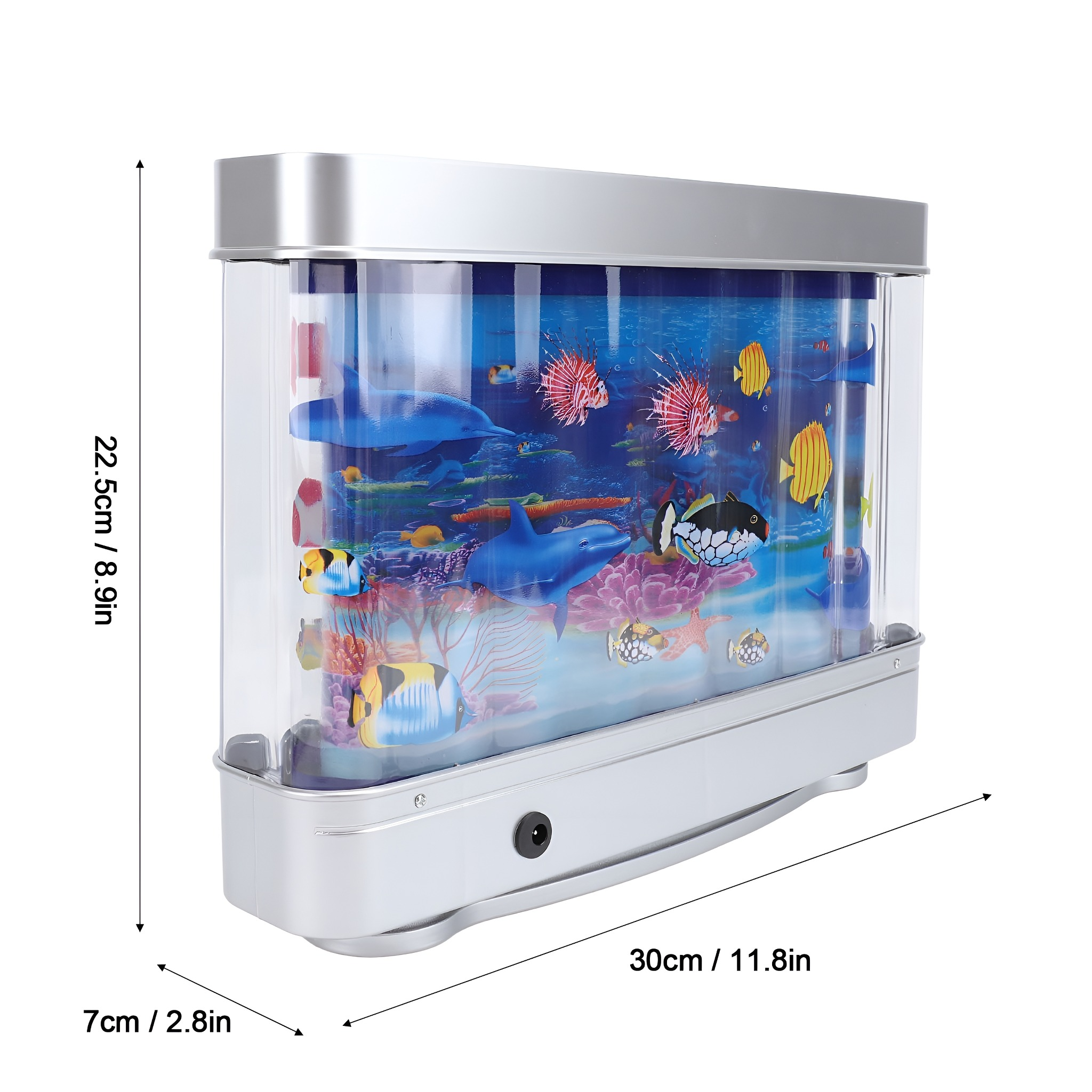 Ein rechteckiges Aquarium mit Fischen und einer Delfinszene, mit Abmessungen in cm und Zoll.