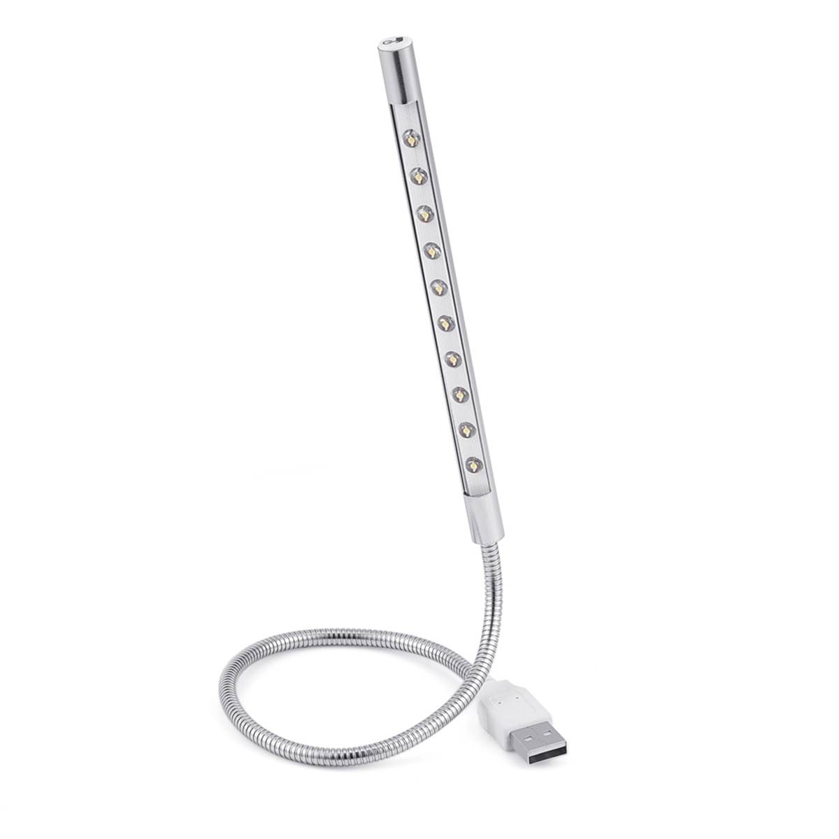 Silbernes, flexibles USB-LED-Licht. Weißer Hintergrund.