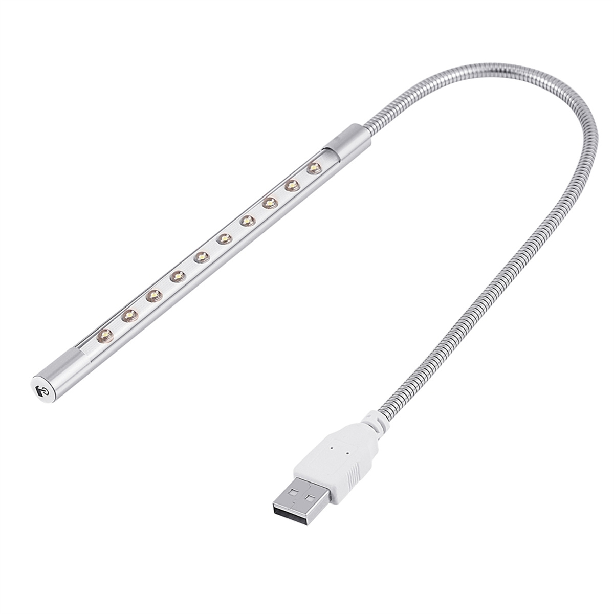 Eine flexible USB-Leuchte mit mehreren LEDs. Sie ist silberfarben und hat einen USB-Anschluss.