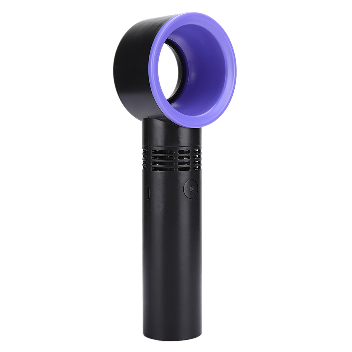 Schwarzer und violetter, blattloser Ventilator. Der Ventilator hat eine kreisförmige Öffnung.