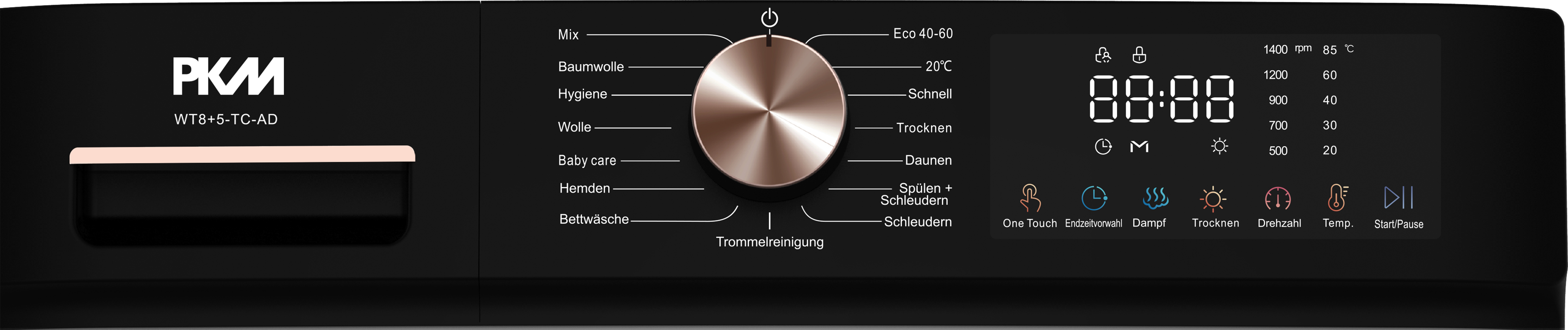 Schwarzes Waschmaschinen-Bedienfeld. Drehknopf in der Mitte, Digitalanzeige rechts.