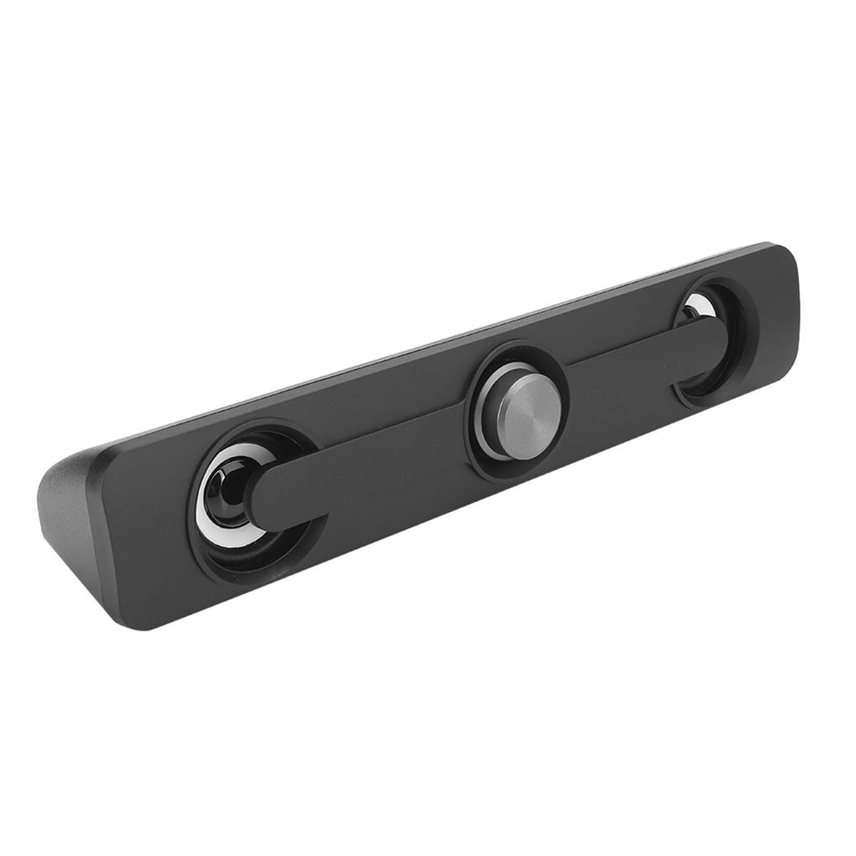Eine schwarze Soundbar mit zwei Lautsprechern und einem zentralen Bedienknopf, vor weißem Hintergrund.