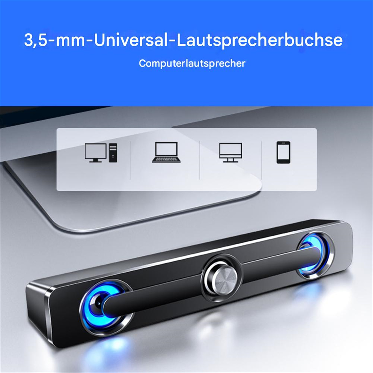 Schwarze Soundbar mit blauen Lichtern an den Enden. Das Bild zeigt verschiedene Geräte-Symbole darüber.