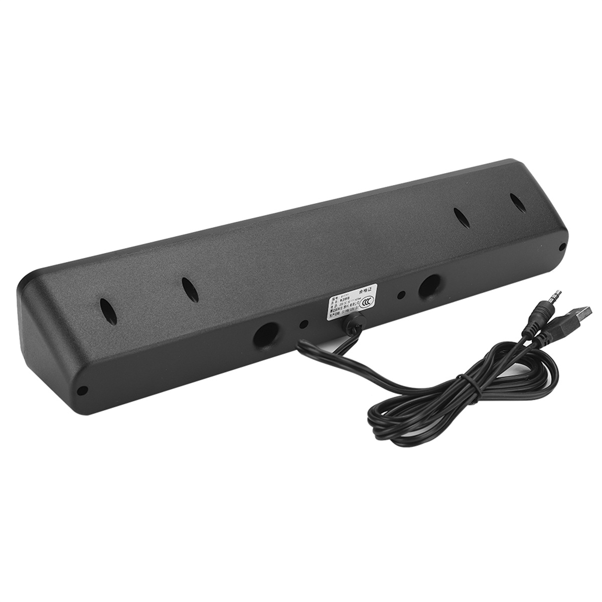 Schwarze Soundbar mit mehreren Löchern und Kabel, mit hellem Hintergrund.