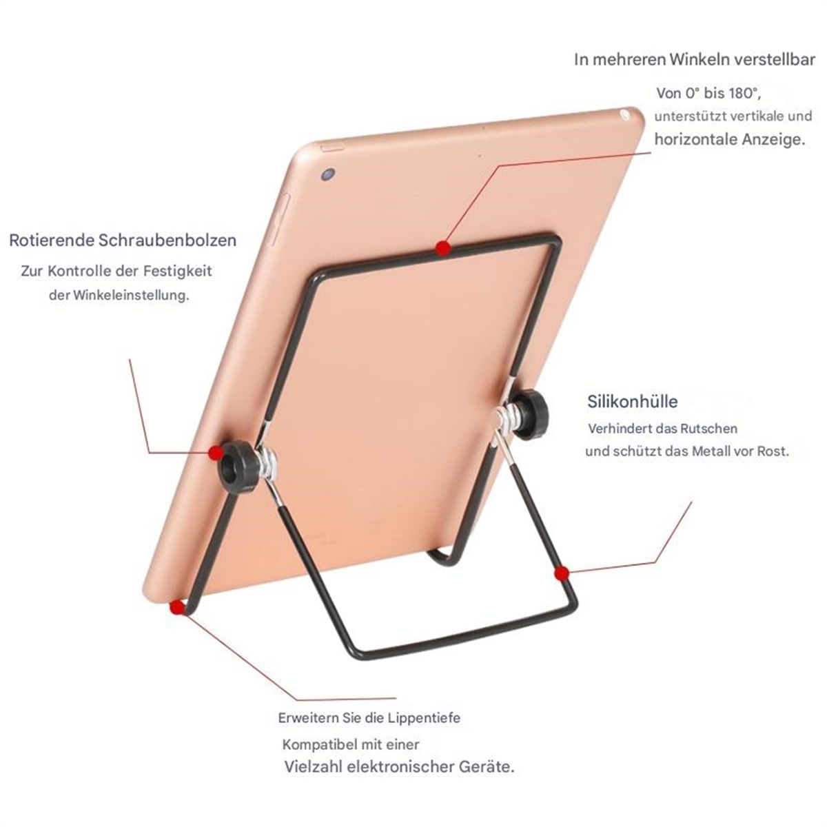 Ein Tablet mit Ständer. Zeigt Text und Pfeile, die anzeigen, wie man den Ständer einstellt.
