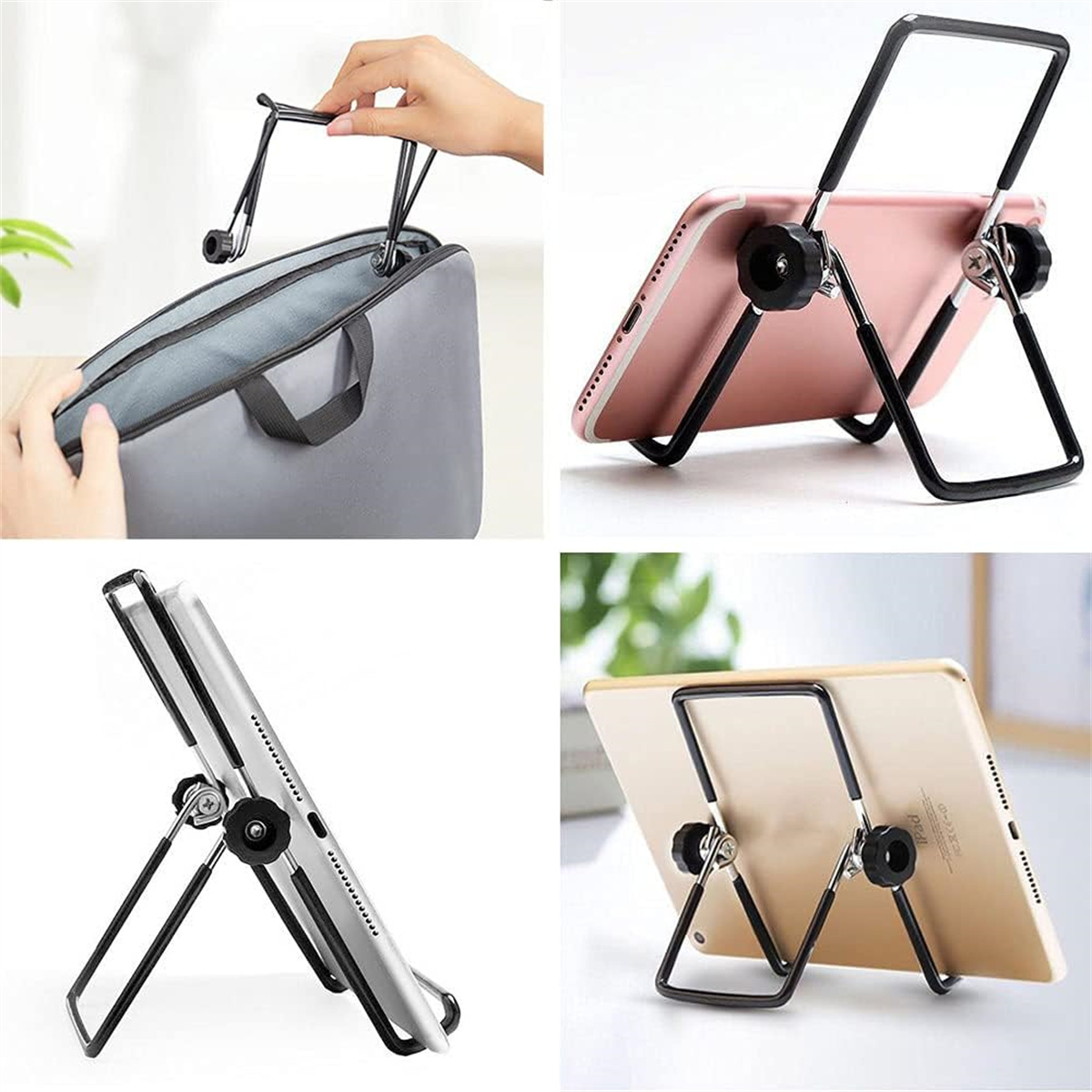 Collage eines Telefons und Tablets in Ständern, aus verschiedenen Winkeln gezeigt. Schwarzes und Metall-Design.
