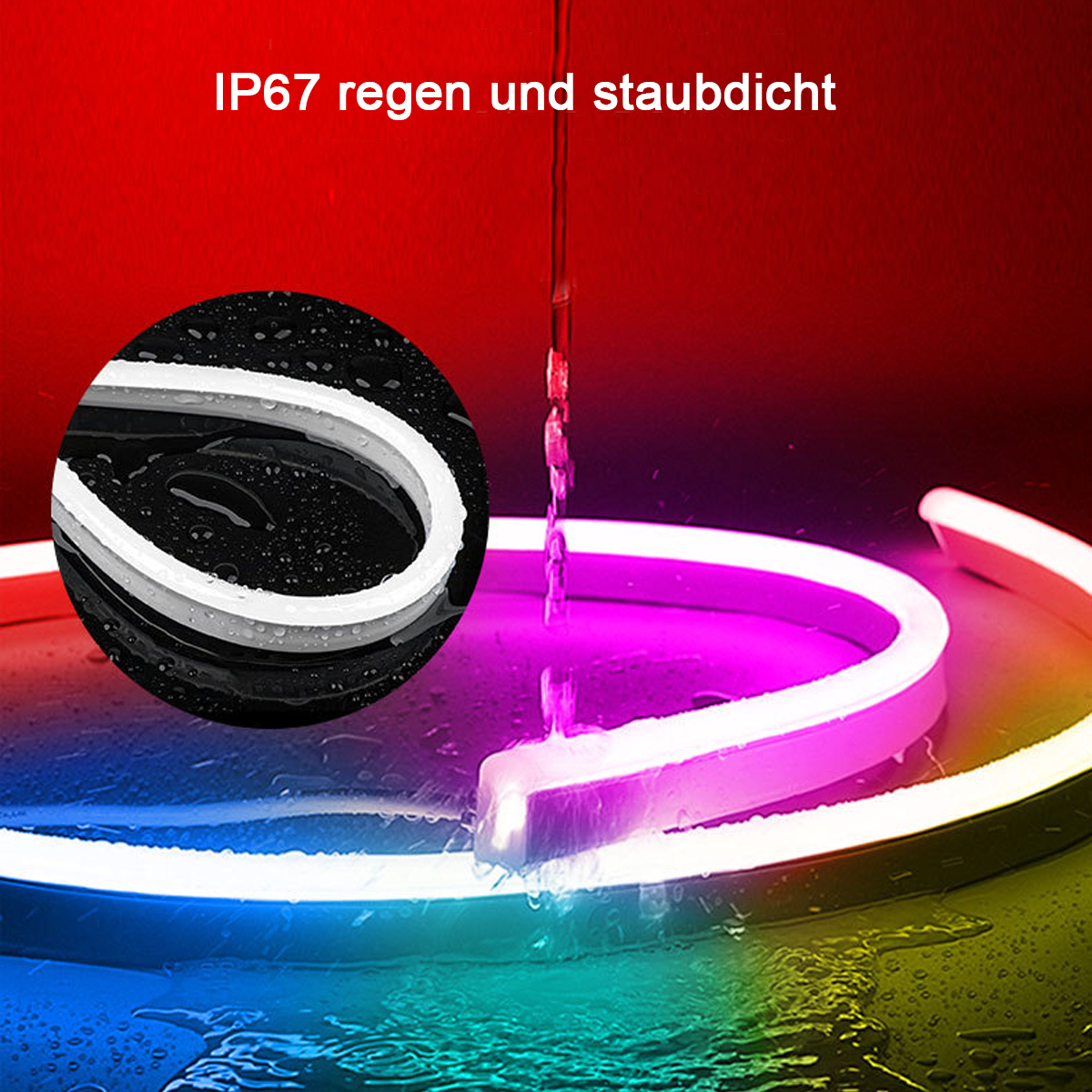 Eine Neonröhre mit Wassertropfen. Das Licht ist in einem Kreis weiß, der Rest des Lichts ist farbig.