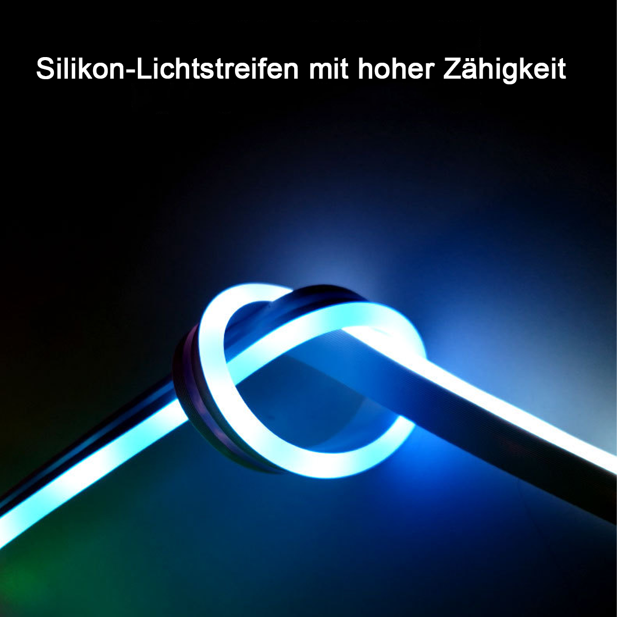 Blau-weißer Neonlichtstreifen, zu einem Kreis geschlungen. Der Hintergrund ist dunkel.
