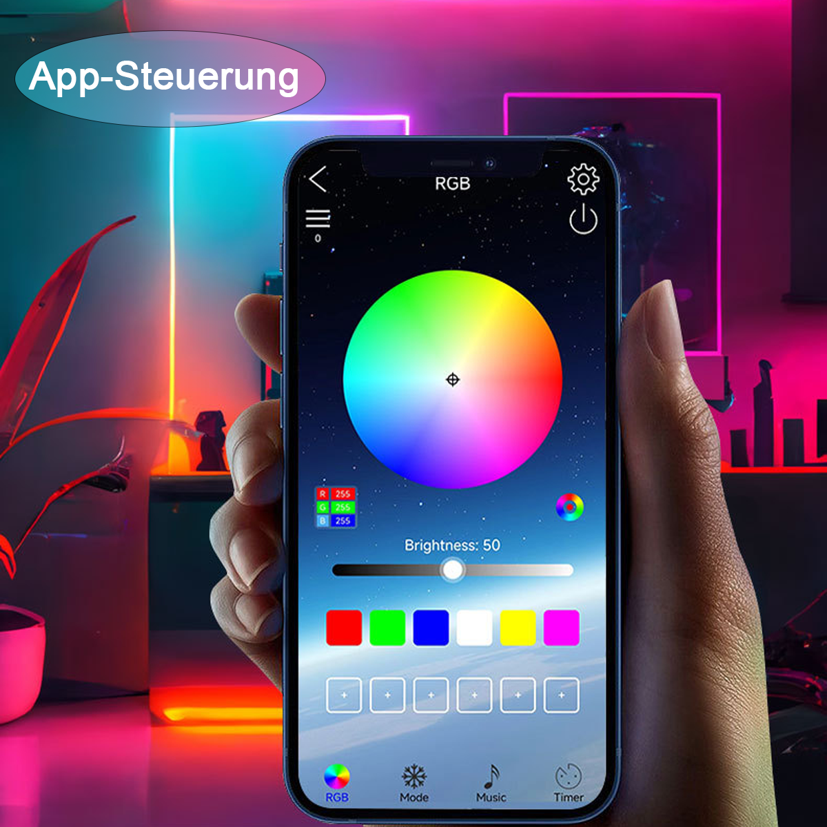 Ein Smartphone, das eine Farbrad-Oberfläche anzeigt. RGB-, Helligkeits- und Farboptionen sind sichtbar.