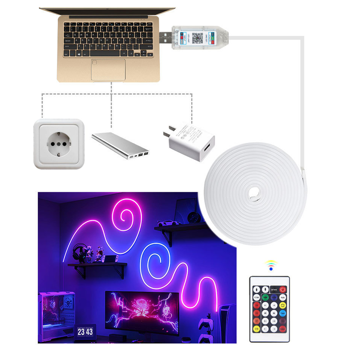 Laptop verbunden mit Lichtleiste, Fernbedienung und Raum mit Neonlichtern.