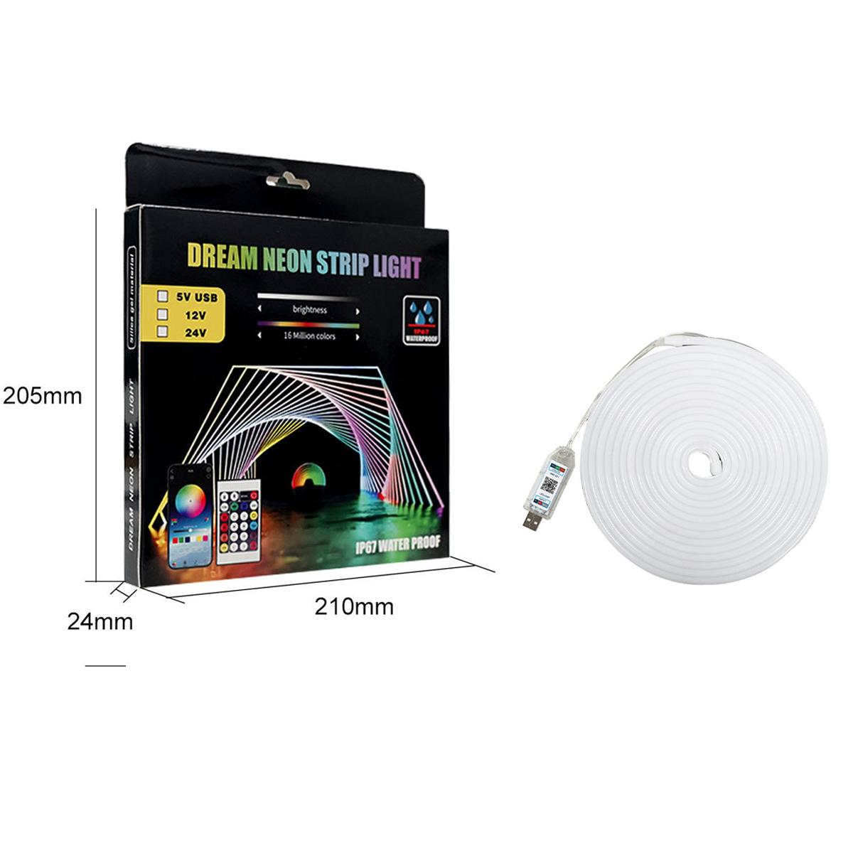 Ein Neon-Streifenlicht in einer Box mit Abmessungen und einem USB-Kabel.