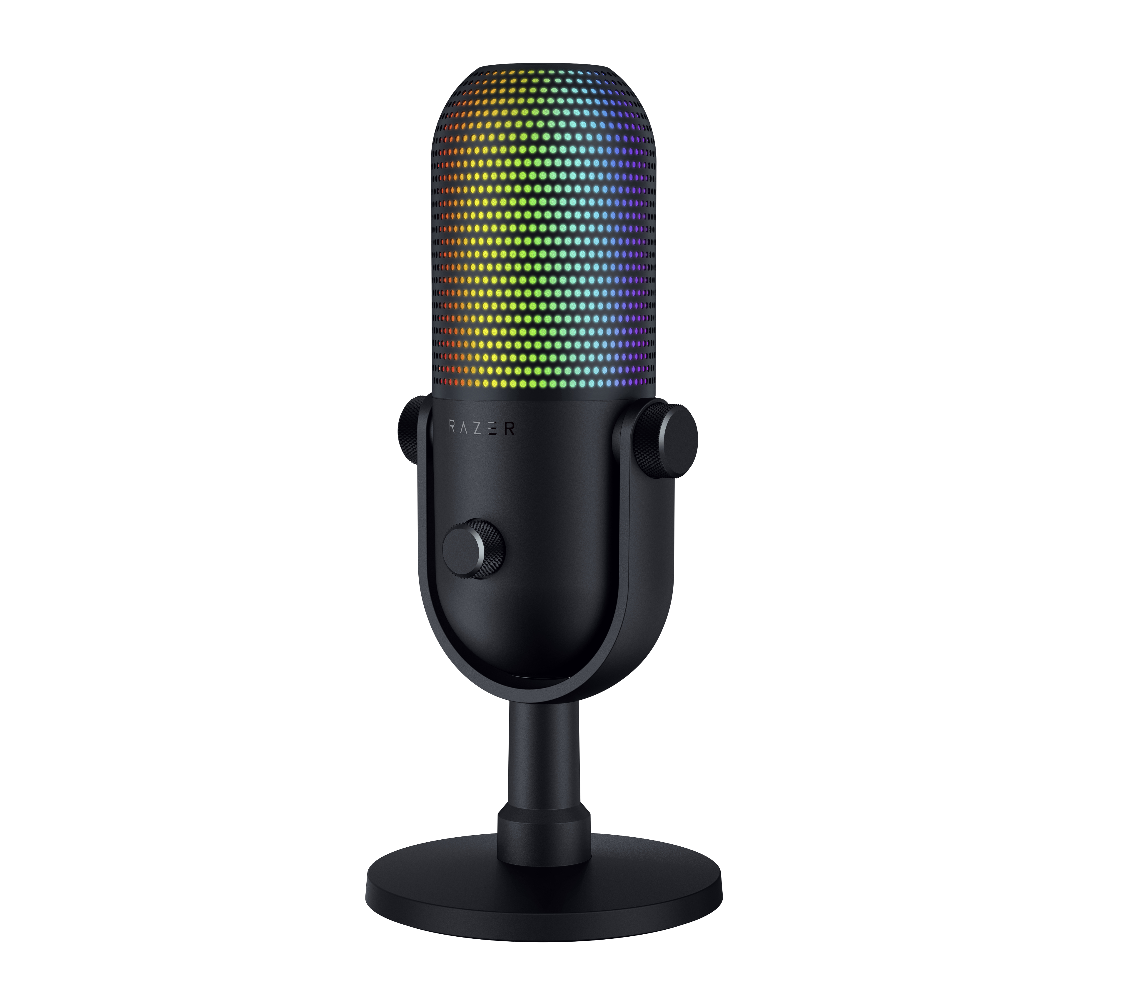 Czarny mikrofon Razer na stojaku z tęczową górą na białym tle.