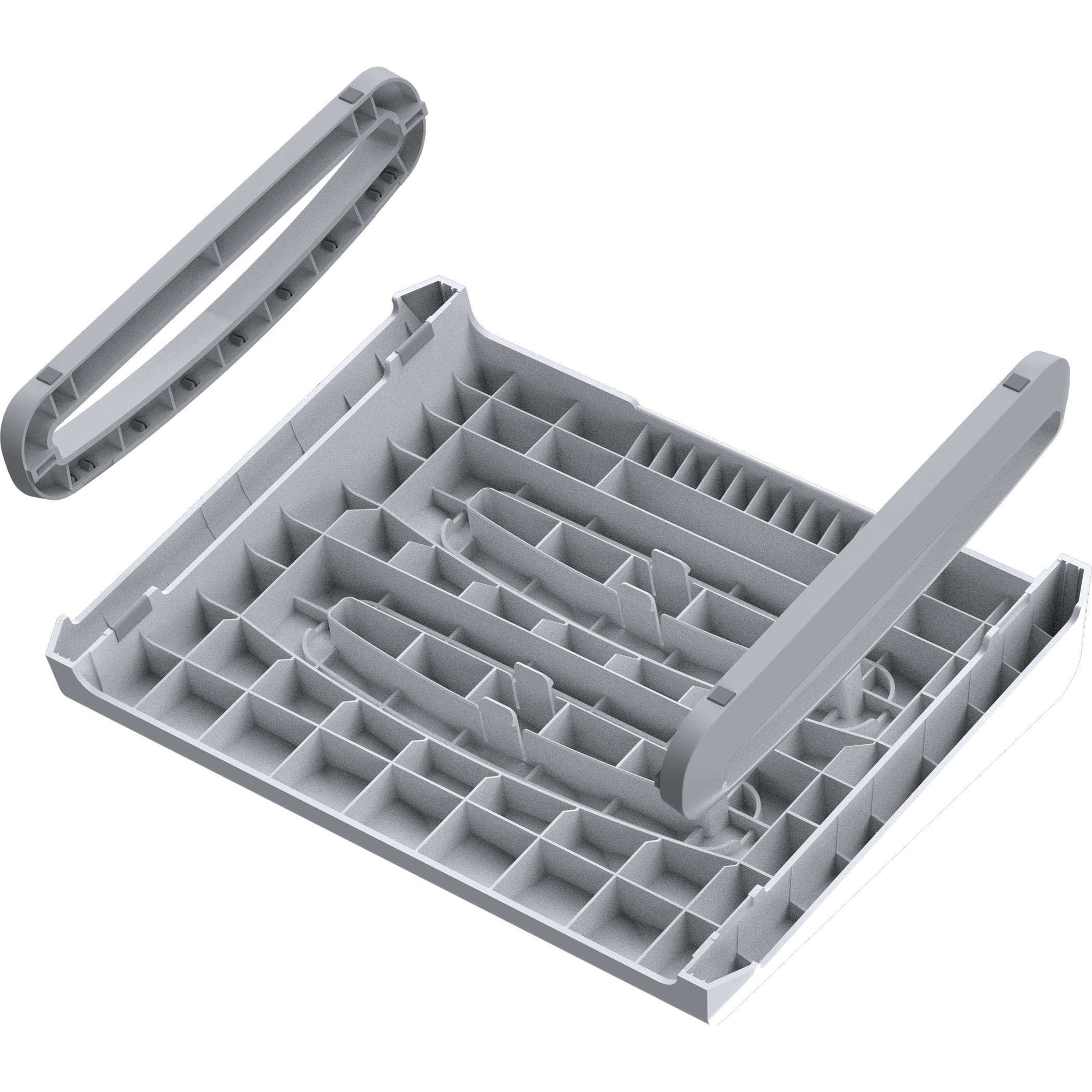 Gray laptop stand, composed of a base with a grid pattern and a support arm.