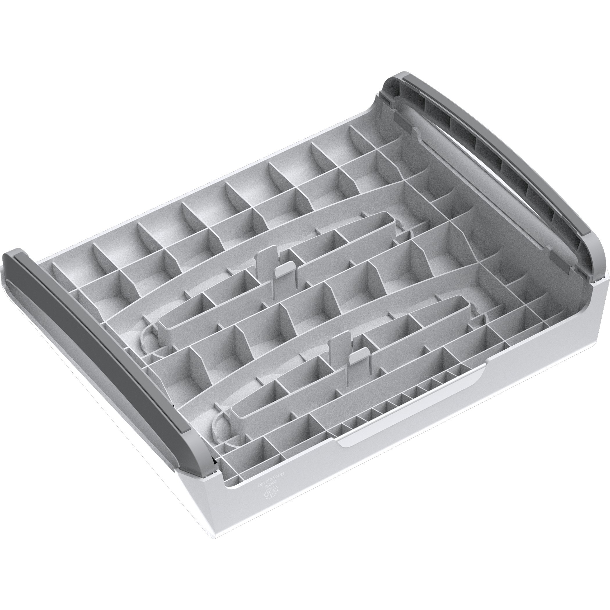 A gray tray with many compartments. It has a white base and gray edges.