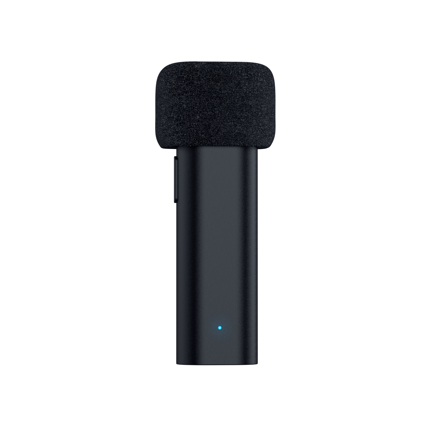 Black microphone with a rounded top covered in a black foam. A small blue light is visible.