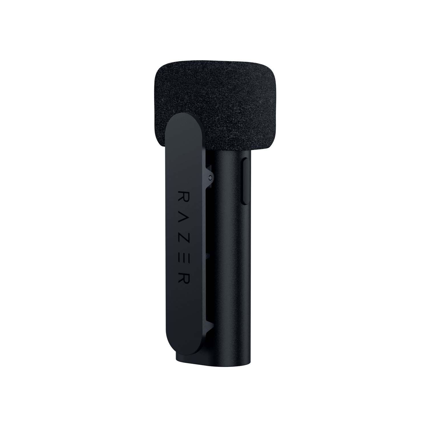 A black Razer microphone with a Razer logo and foam cover.