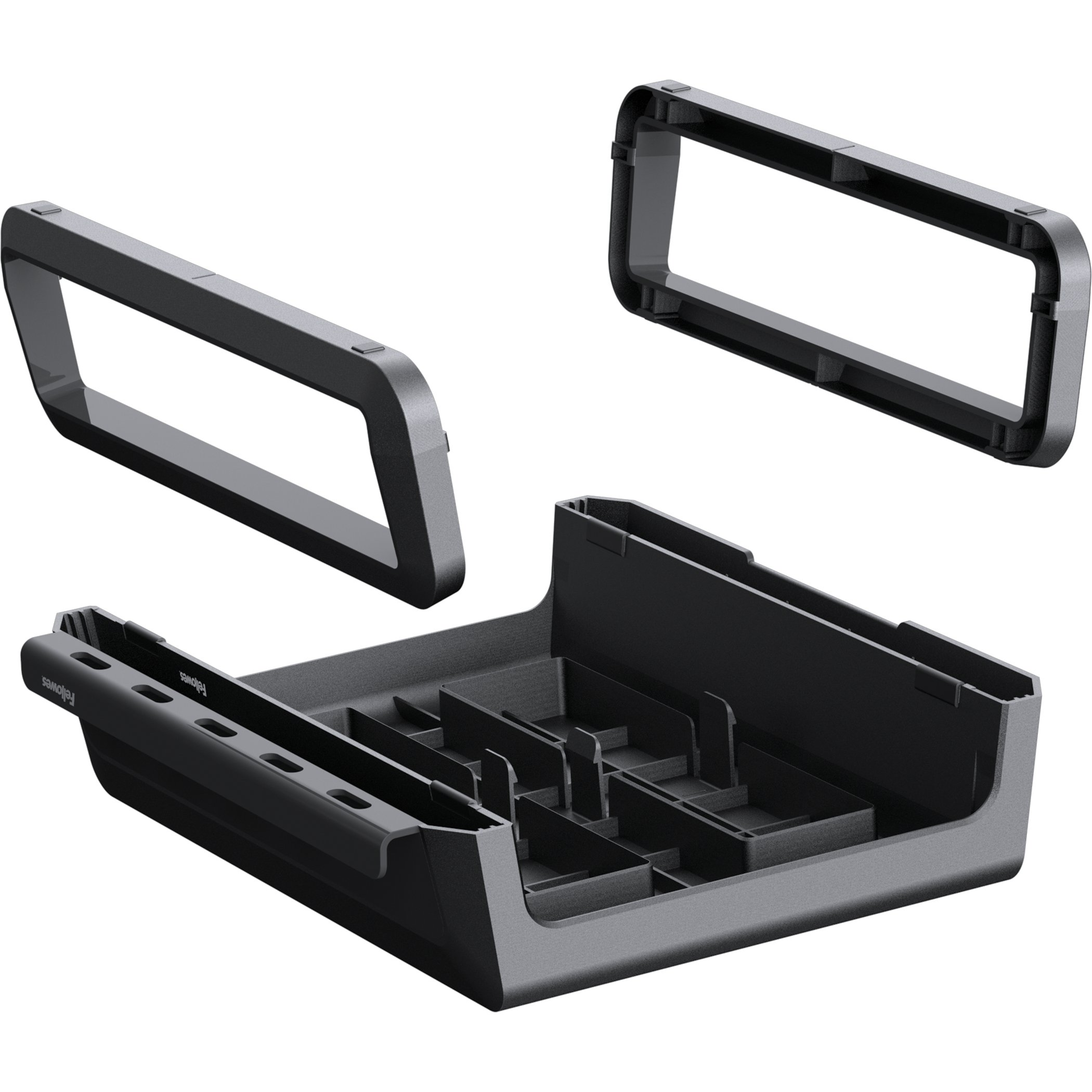 Czarny stojak na laptopa z trzech części, zapewnia wsparcie i organizację.