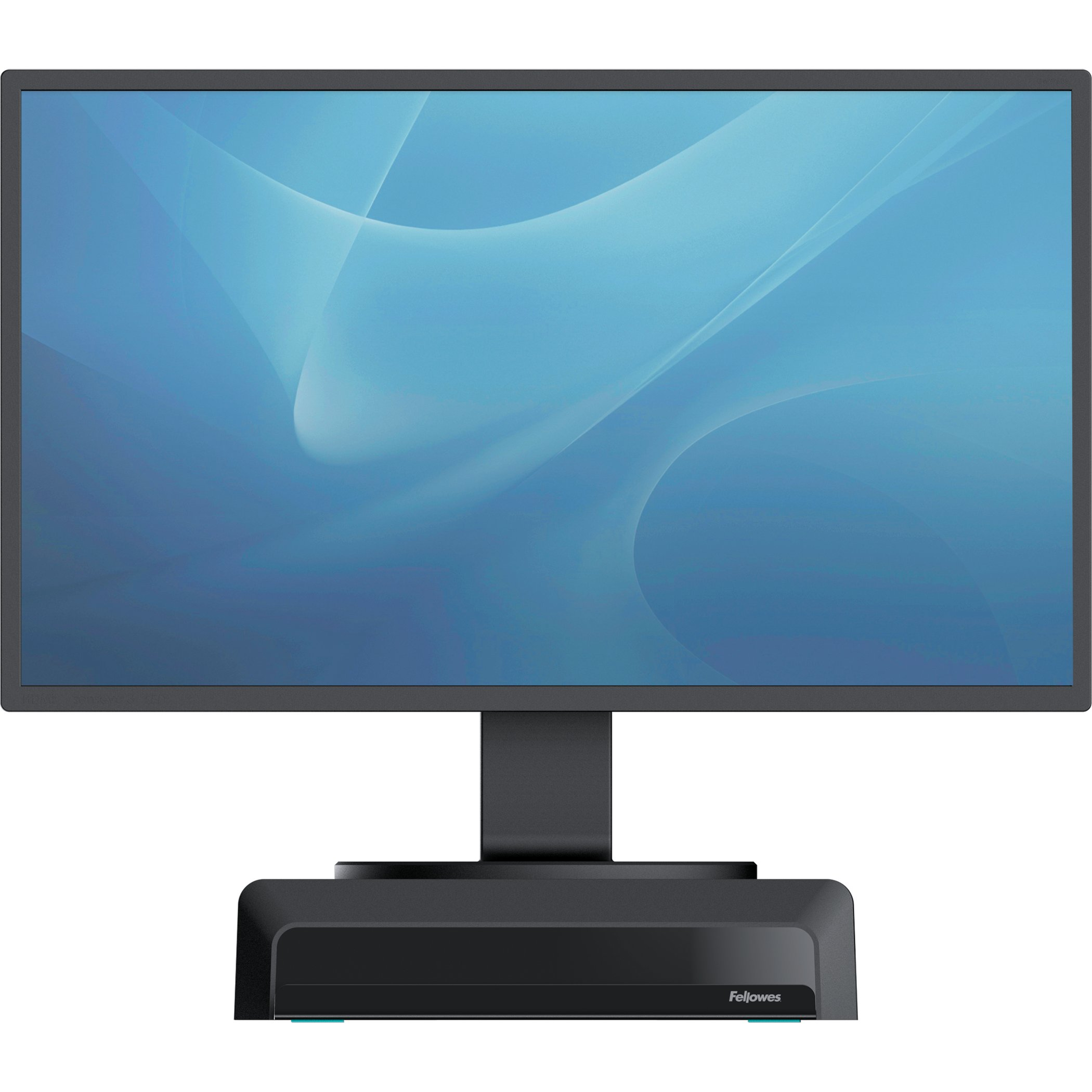 A black monitor with a blue and white gradient background. The monitor has a black base.