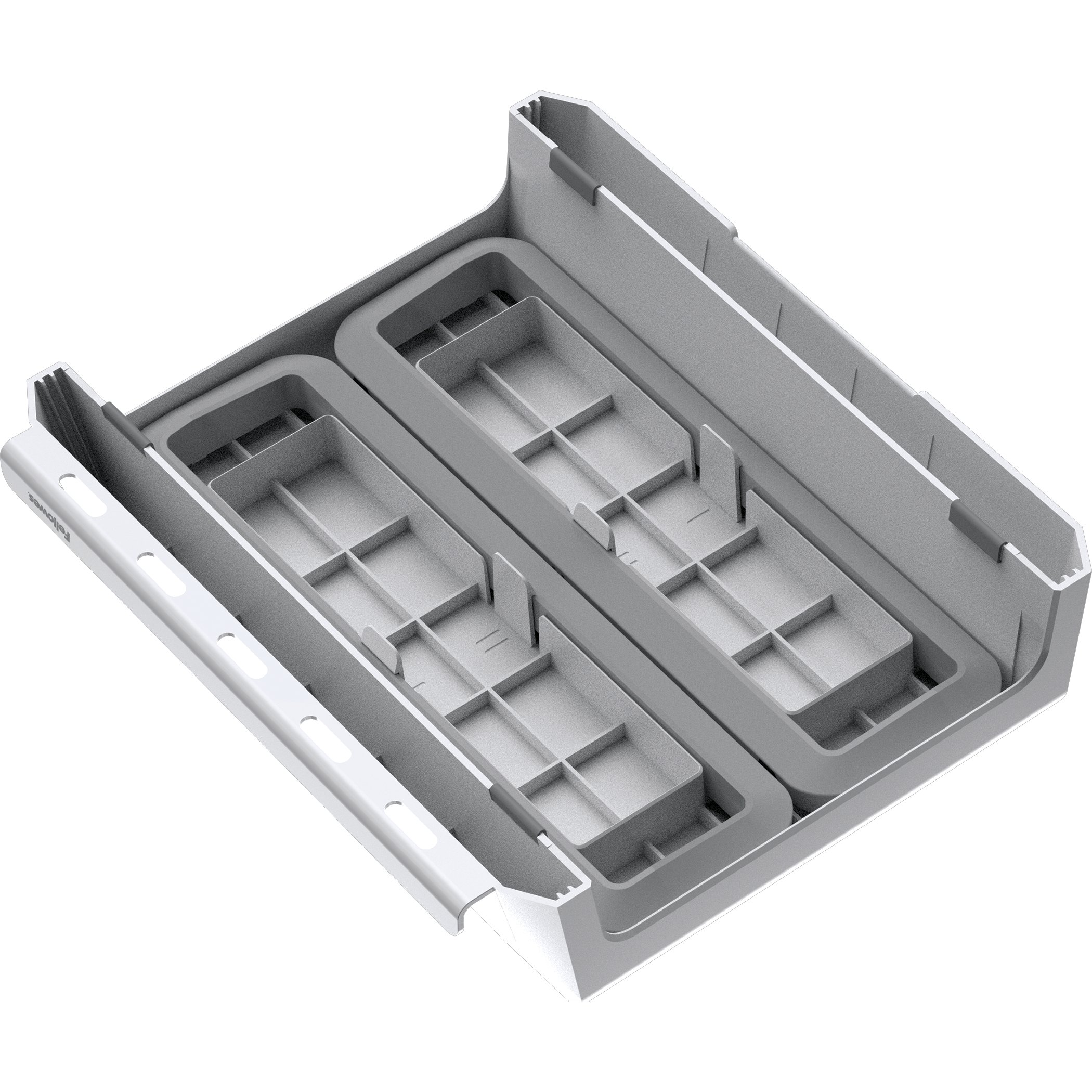 Biała i szara plastikowa taca z dwoma przegrodami. Taca jest pochylona, pokazując swój kształt.