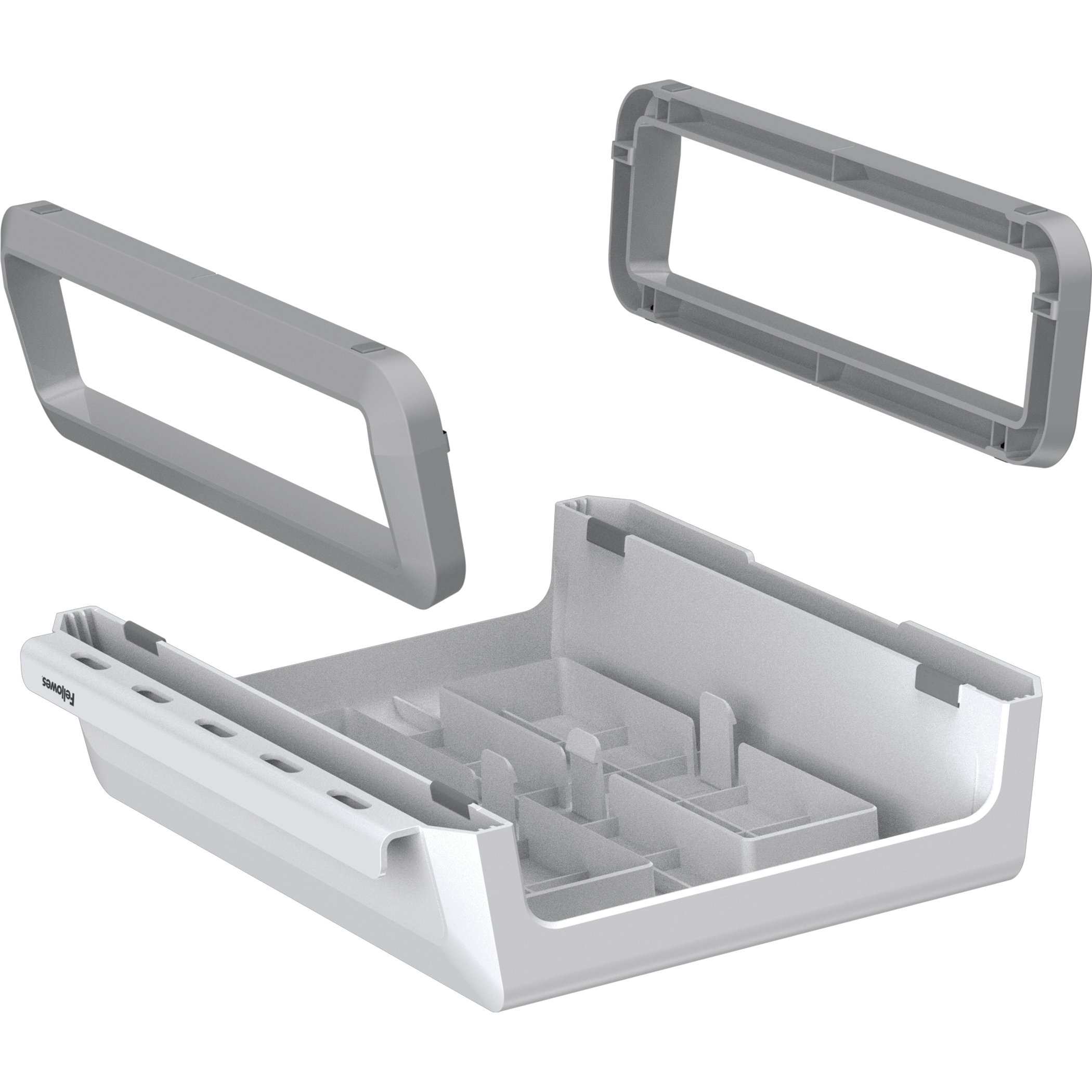 Białe i szare elementy organizera biurkowego Fellowes na białym tle.