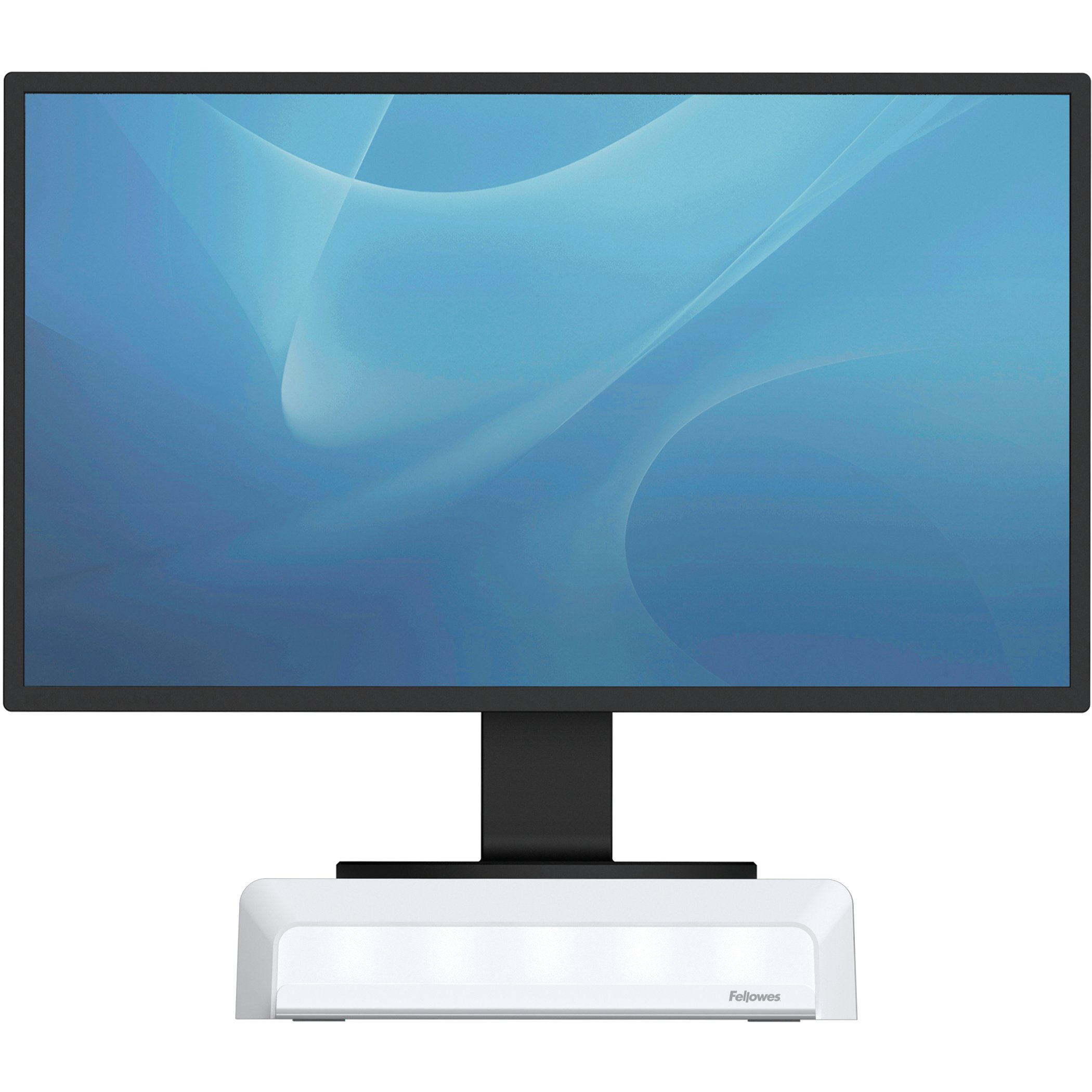 A computer monitor with a blue background and a white base, white background.