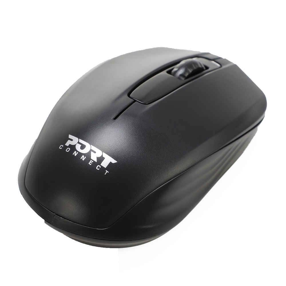 Mouse per computer nero con il marchio 'Port Connect'. Il mouse ha una rotella di scorrimento.