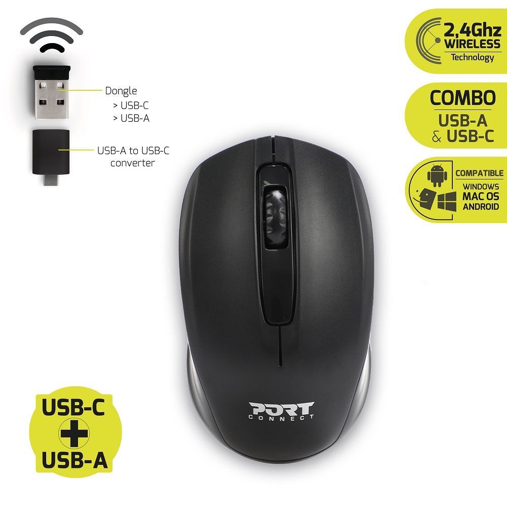 Mouse nero con porte USB-A e USB-C e un dongle USB.
