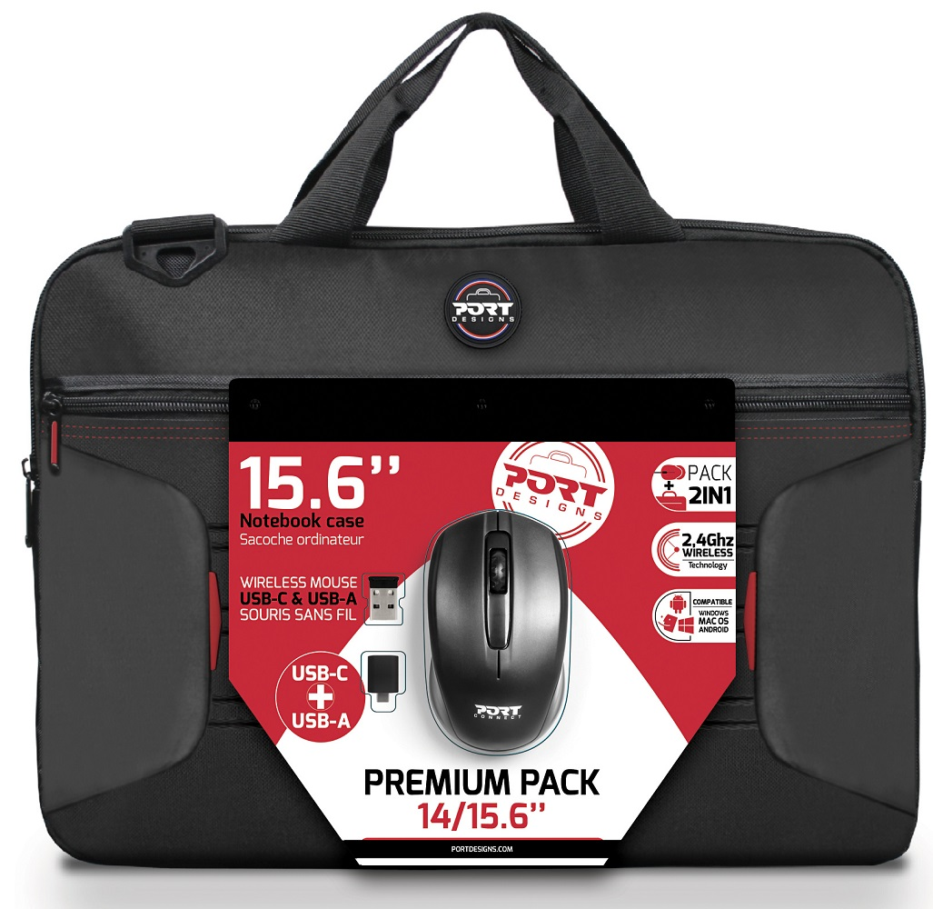 Borsa nera per laptop con mouse. Include testo "15,6 pollici" e "Premium Pack".