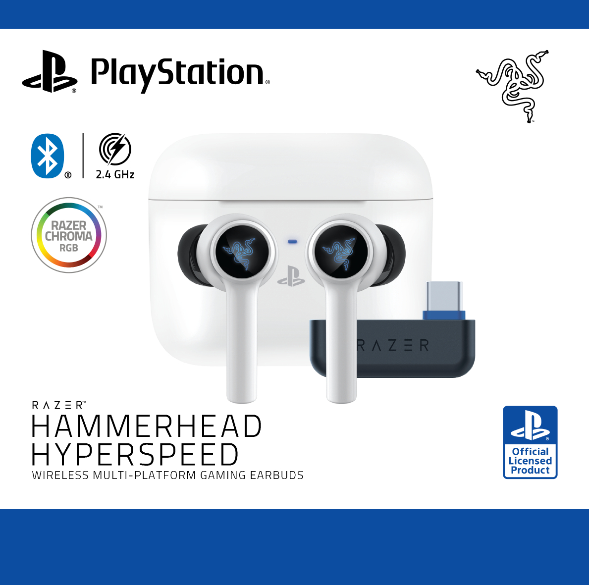 Witte Razer Hammerhead oortelefoons, oplaadcase en dongle. Playstation logo en andere merken zichtbaar.