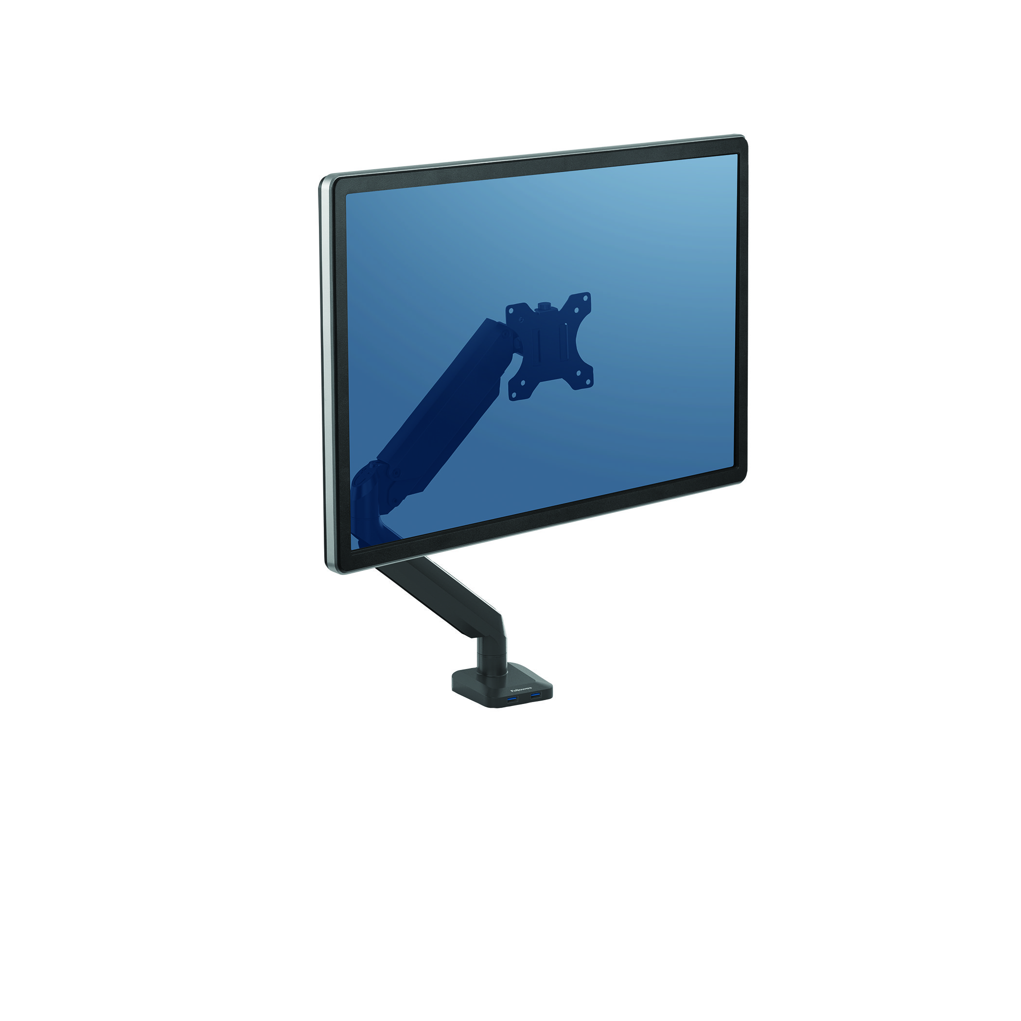 Monitor z czarną ramką i podstawą. Ekran jest pochylony, pokazując niebieski gradient. Podstawa jest czarna.