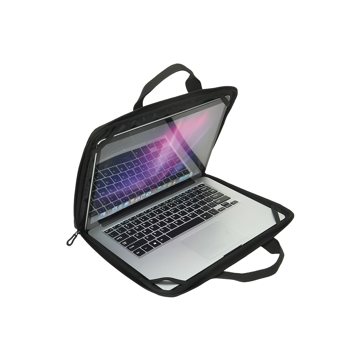 Laptop in una custodia nera, vista aperta, su sfondo bianco.
